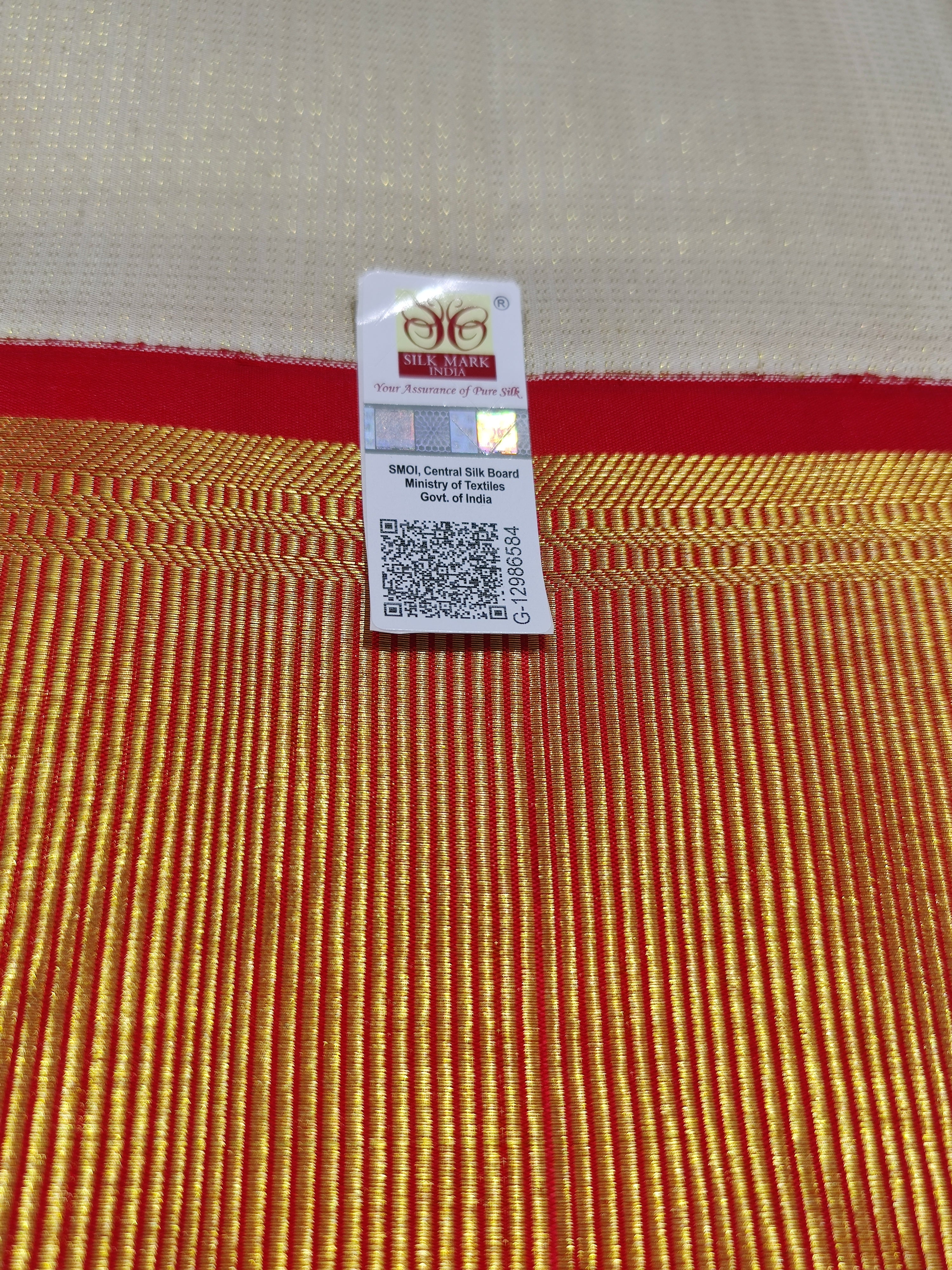 "Pure Cream Kanjivaram Silk Dhoti with Red & Gold Zari Work Border + Shirt Piece – Wedding Collection"