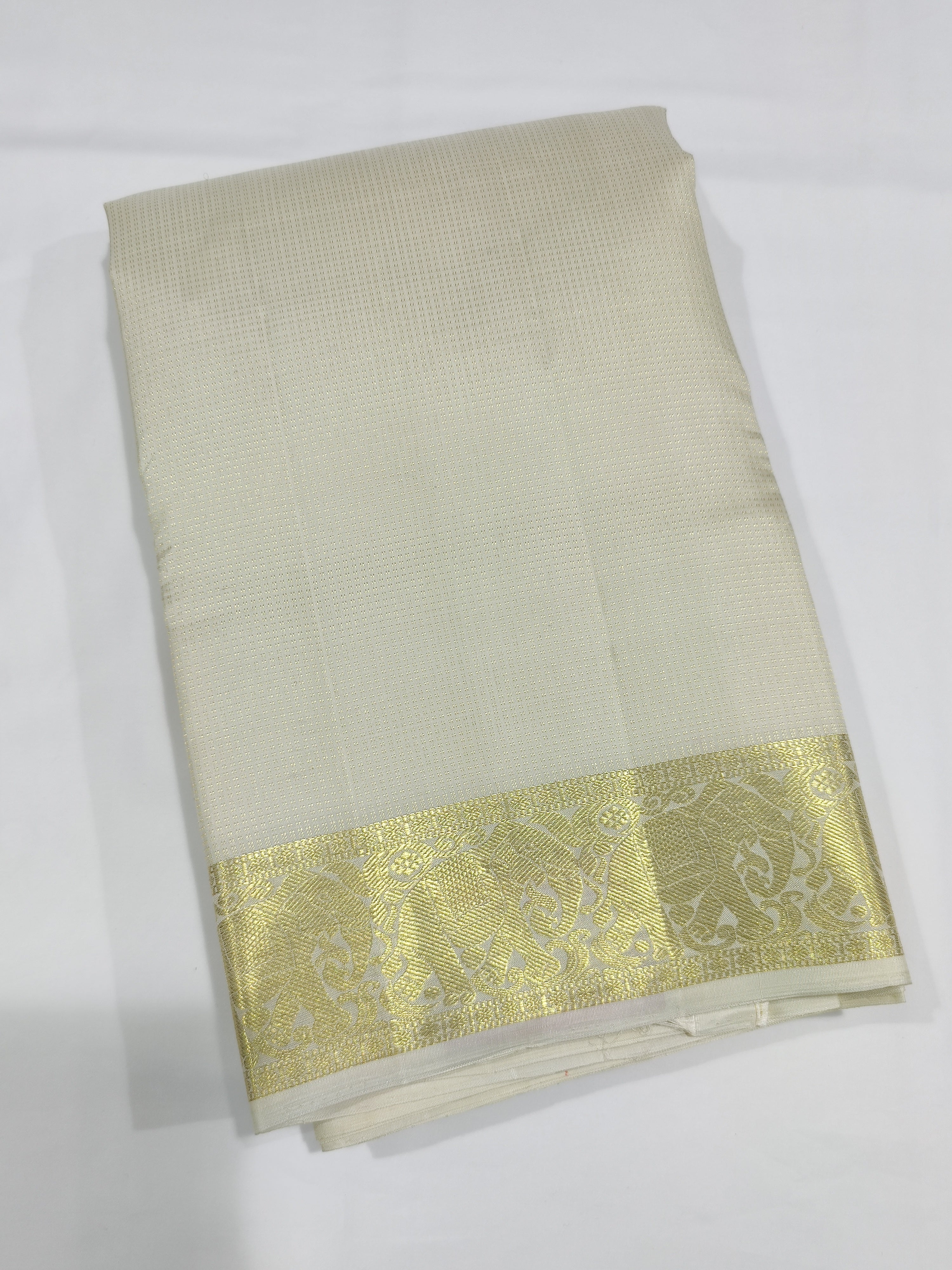 "Pure White Kanjivaram Silk Dhoti with Elephant & Gold Zari Work Border + Shirt Piece – Wedding Collection"