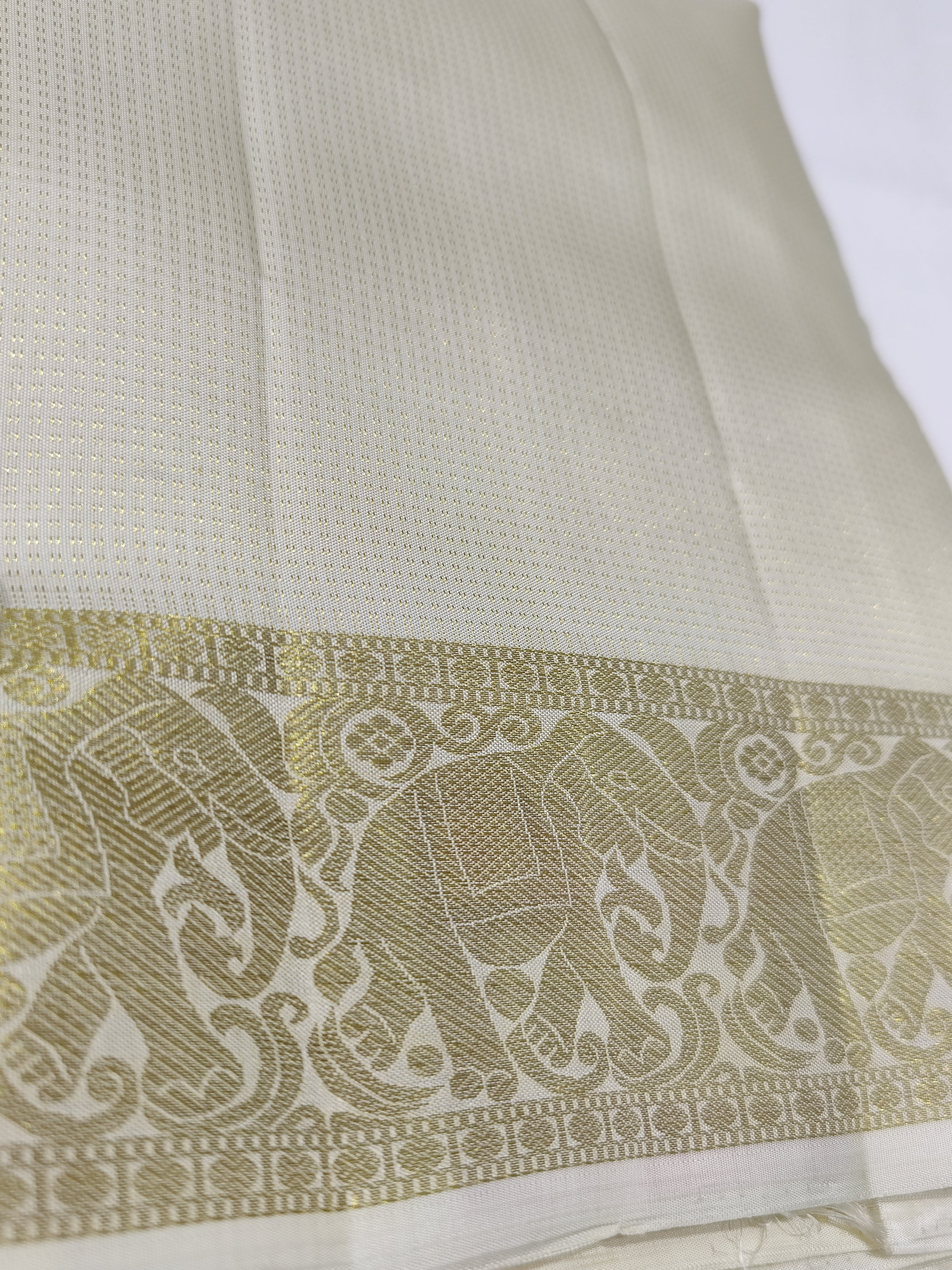 "Pure White Kanjivaram Silk Dhoti with Elephant & Gold Zari Work Border + Shirt Piece – Wedding Collection"