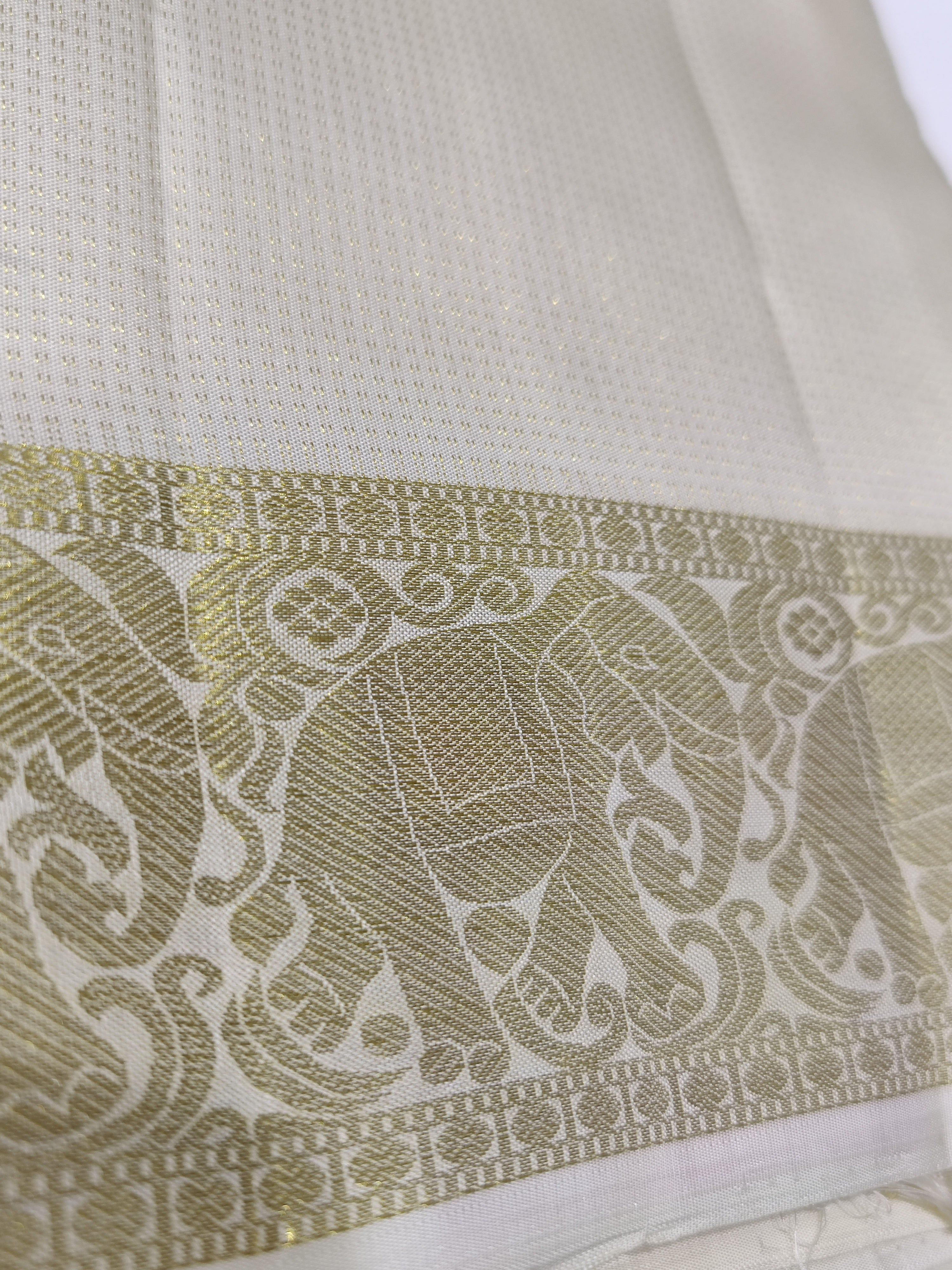 "Pure White Kanjivaram Silk Dhoti with Elephant & Gold Zari Work Border + Shirt Piece – Wedding Collection"