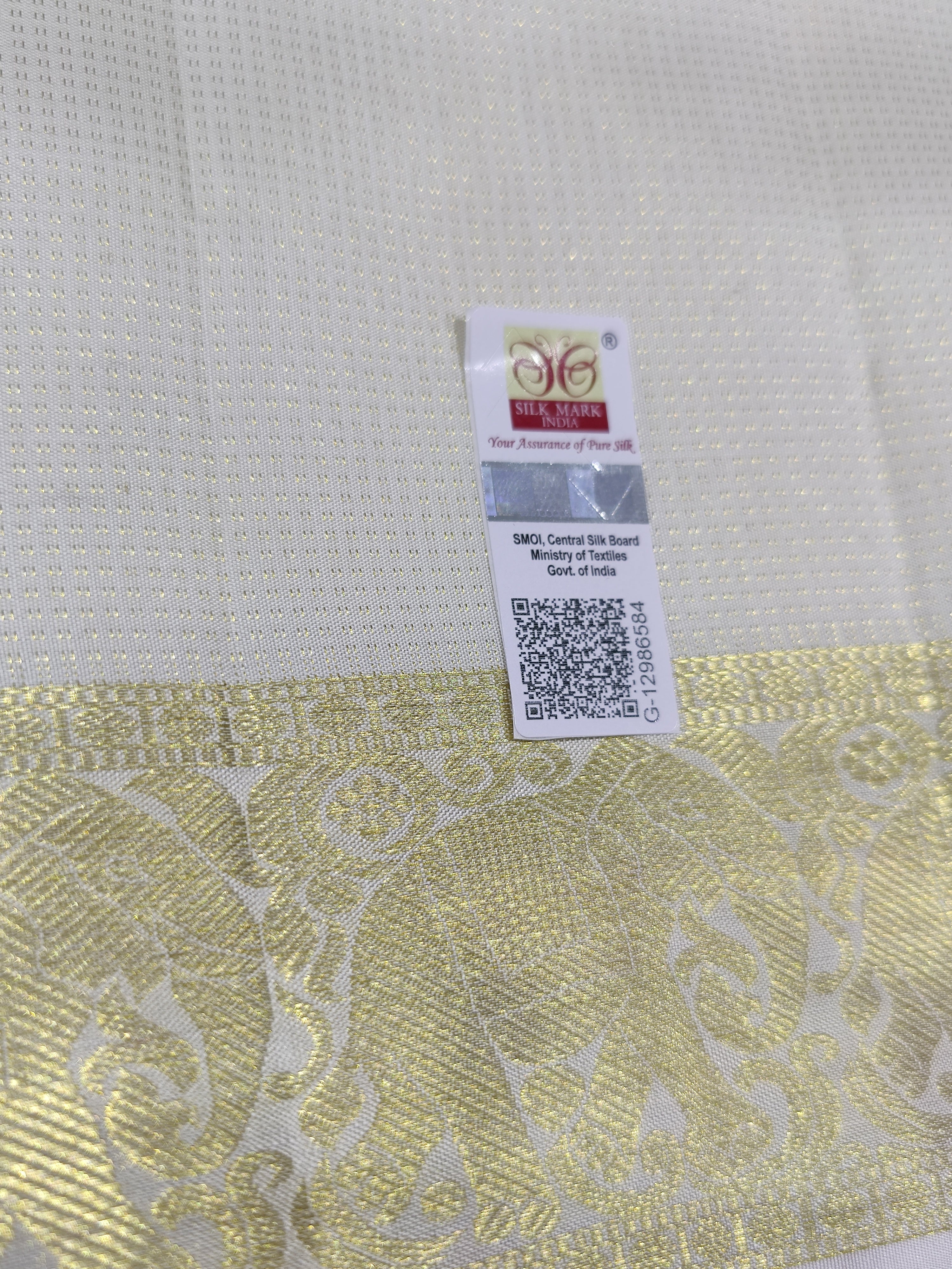 "Pure White Kanjivaram Silk Dhoti with Elephant & Gold Zari Work Border + Shirt Piece – Wedding Collection"