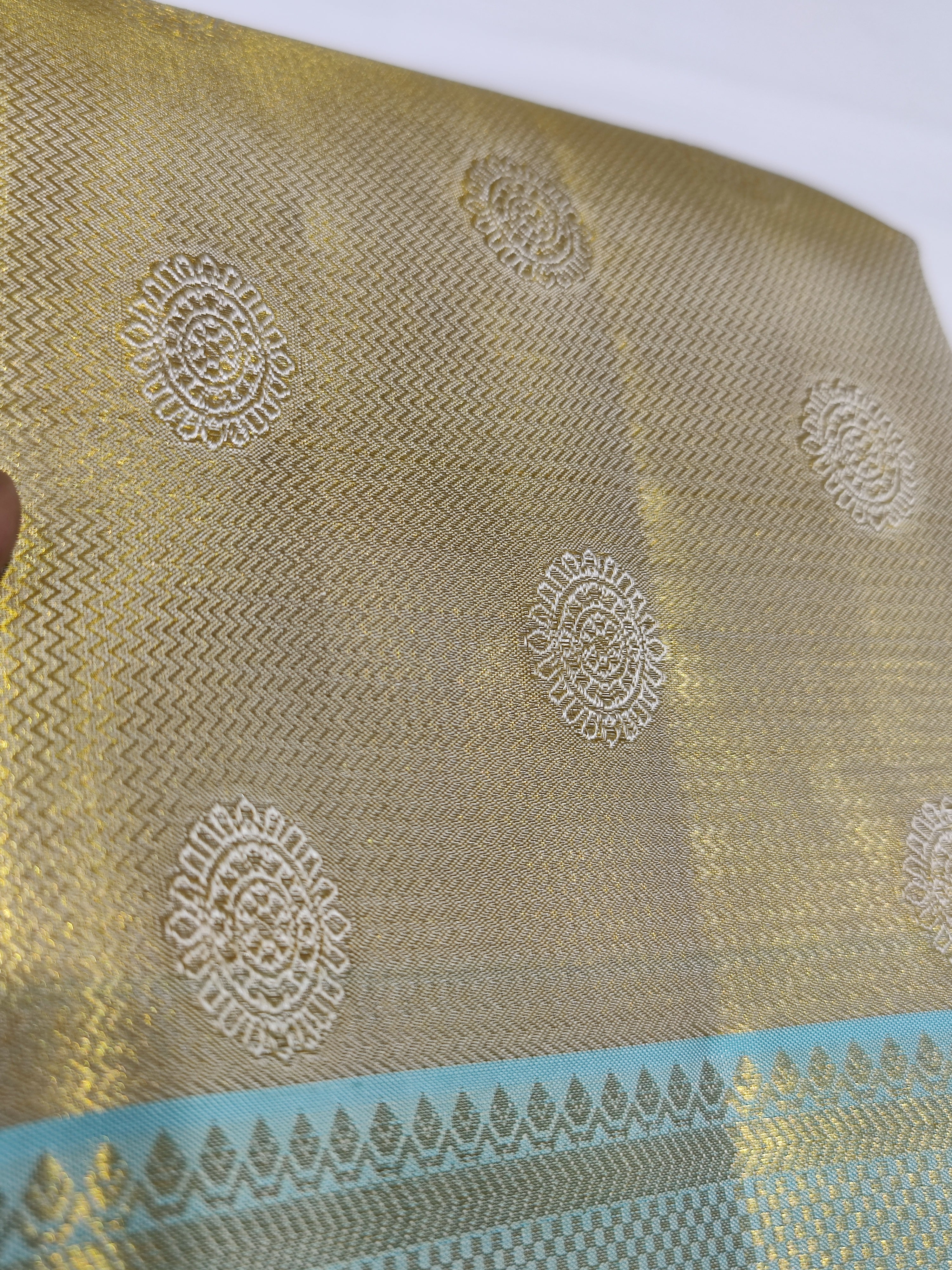 "Pure Gold Tissue Silk Dhoti with Light Blue & Gold Zari Work Border + Shirt Piece – Wedding Collection"