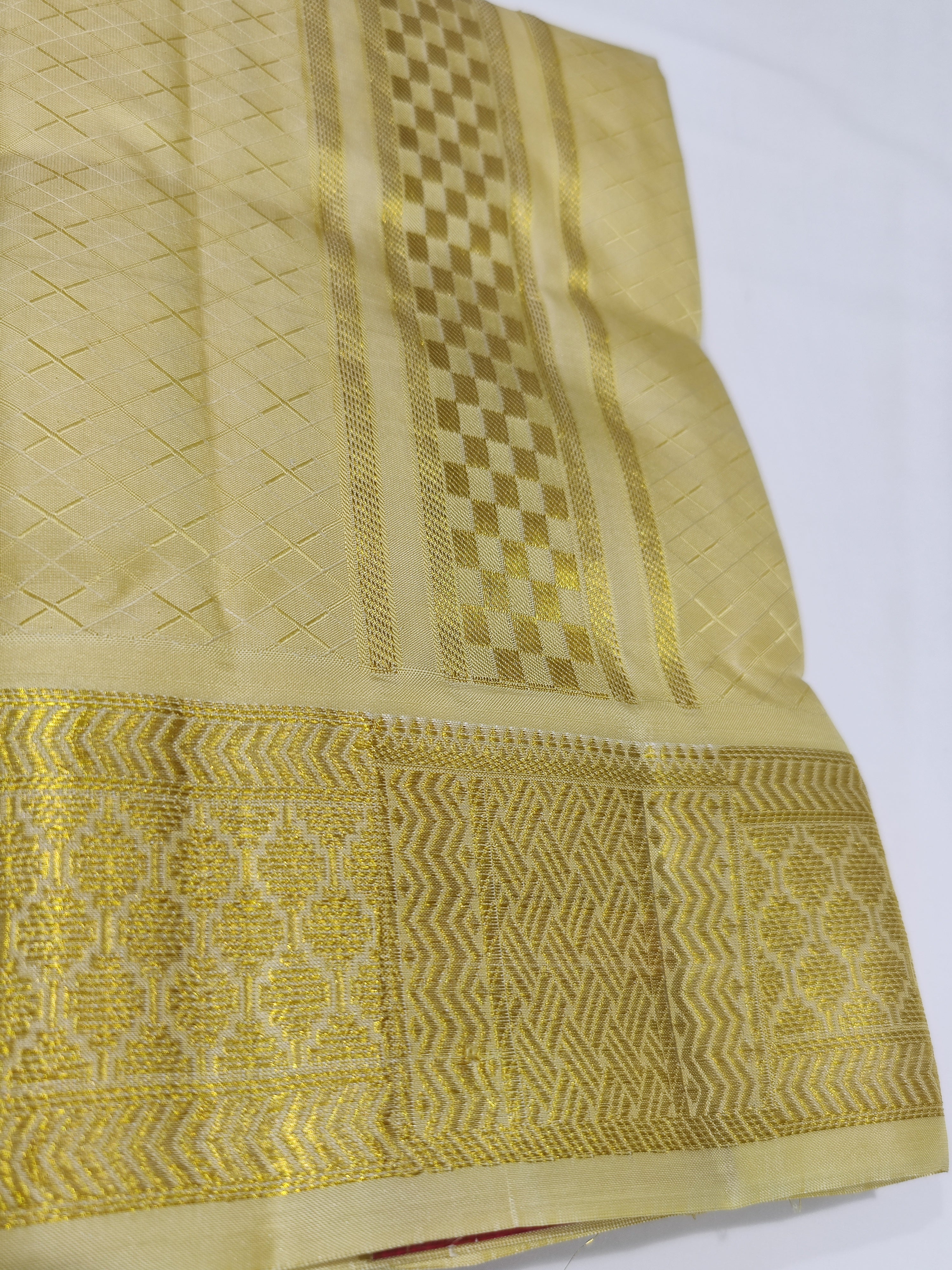 "Pure Kanjivaram Silk Cream Dhoti Set with Gold Tissue Silk with Shirt Piece – Wedding Collection"