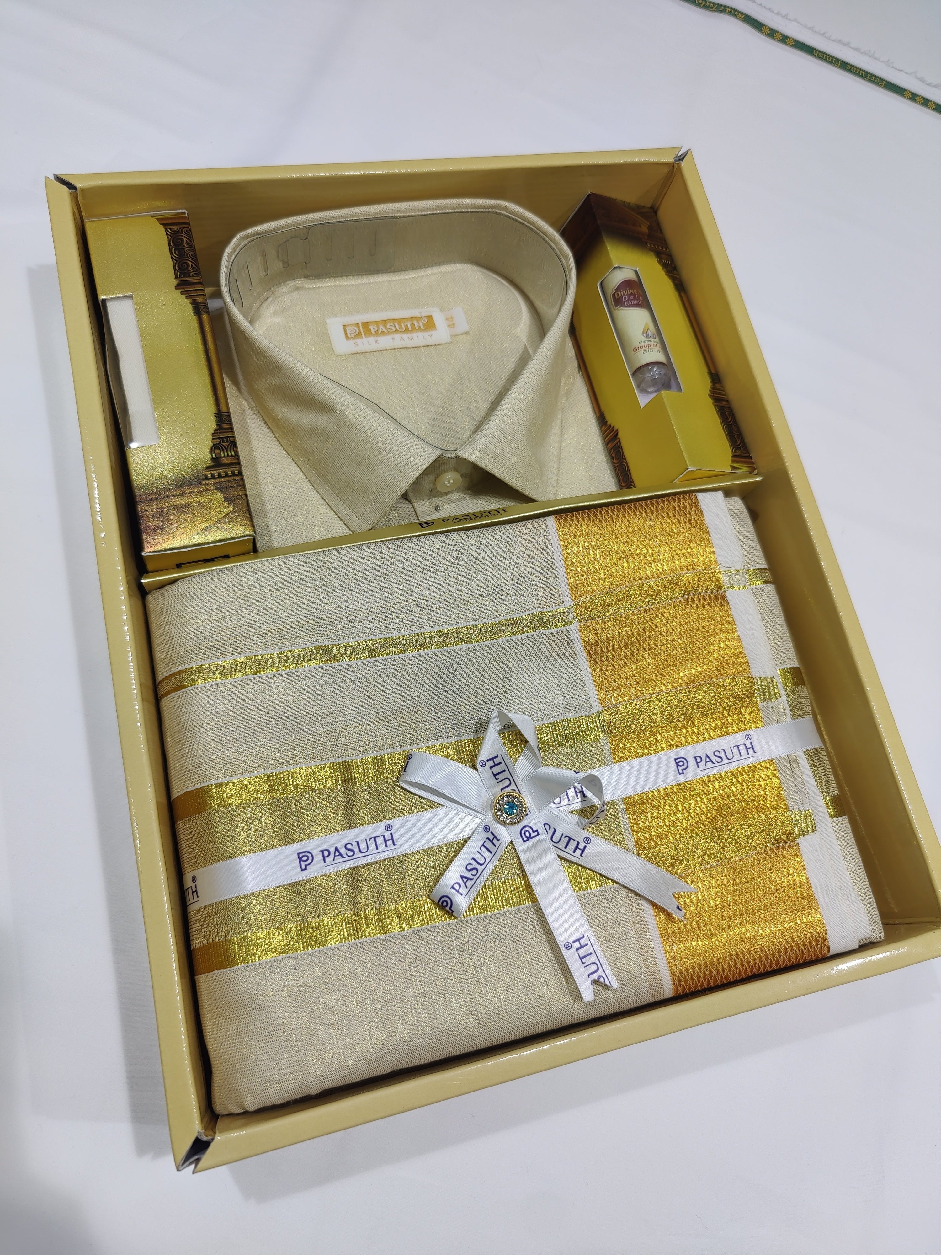 "Gold Dhoti Set with Dhoti, Shirt, Belt & Perfume – Wedding Collection for Men"