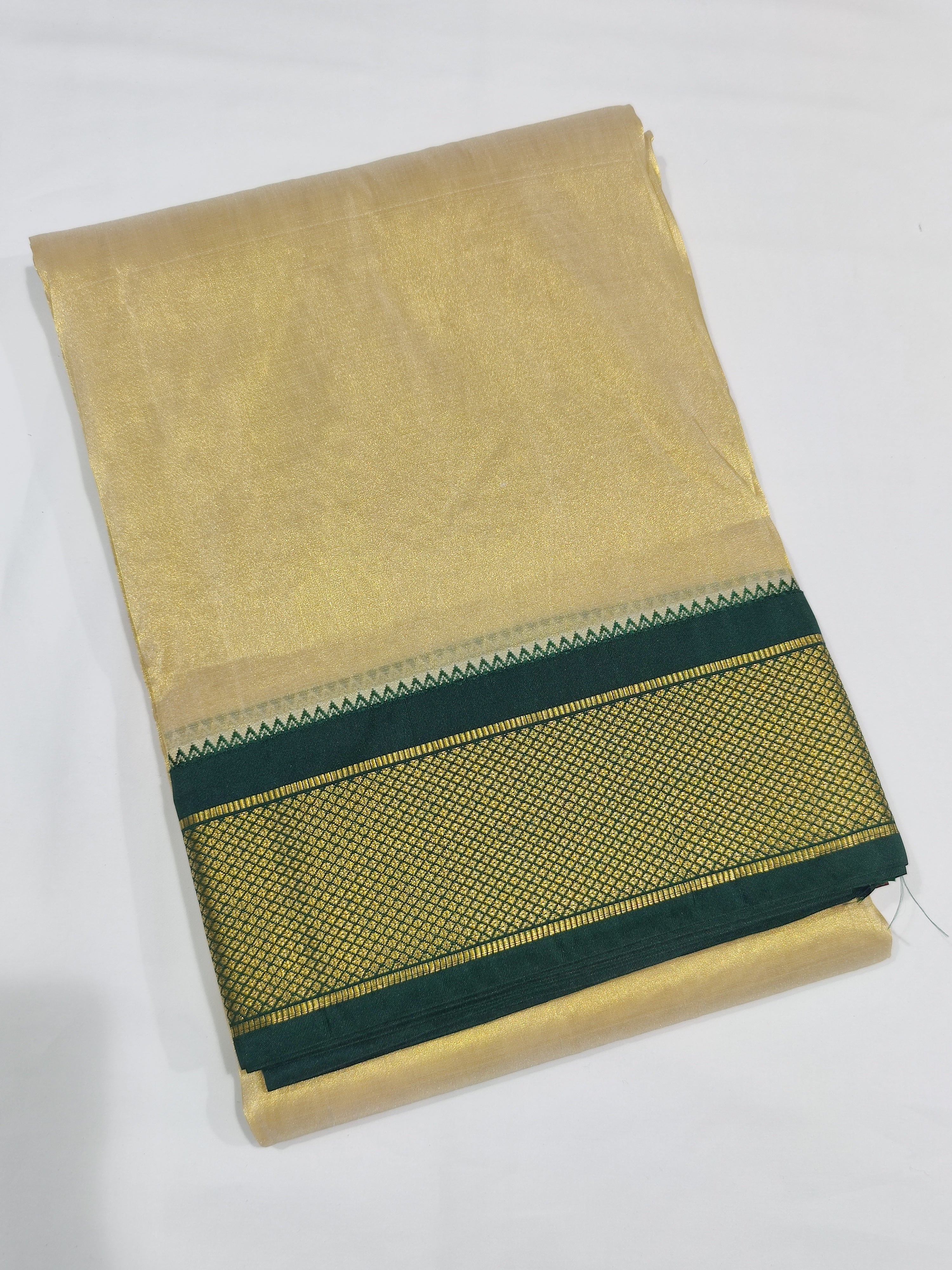 "Pure Kanjivaram Silk Cream Dhoti Set with Green Border & Tissue Silk – Wedding Collection"