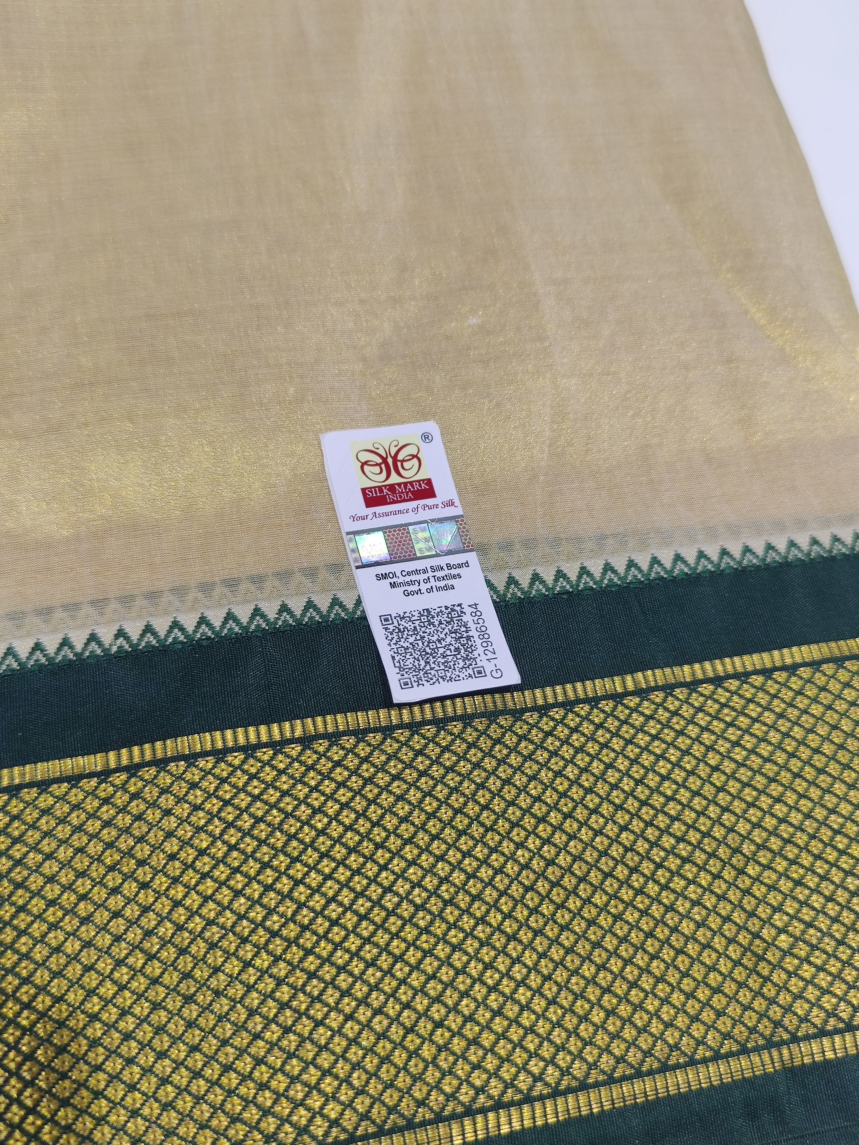 "Pure Kanjivaram Silk Cream Dhoti Set with Green Border & Tissue Silk – Wedding Collection"