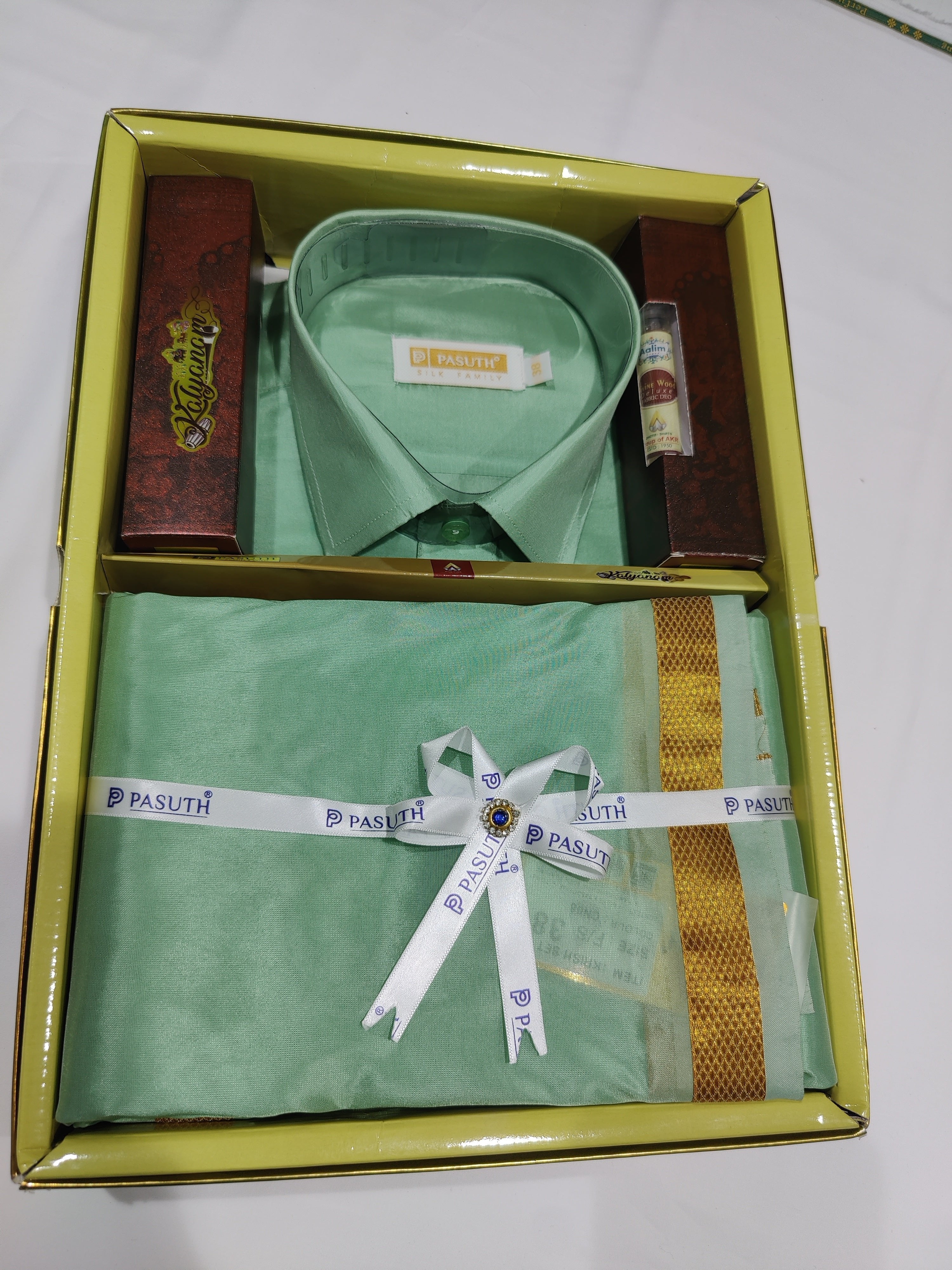 "Light Green Dhoti Set with Dhoti, Shirt, Belt & Perfume – Wedding Collection for Men"