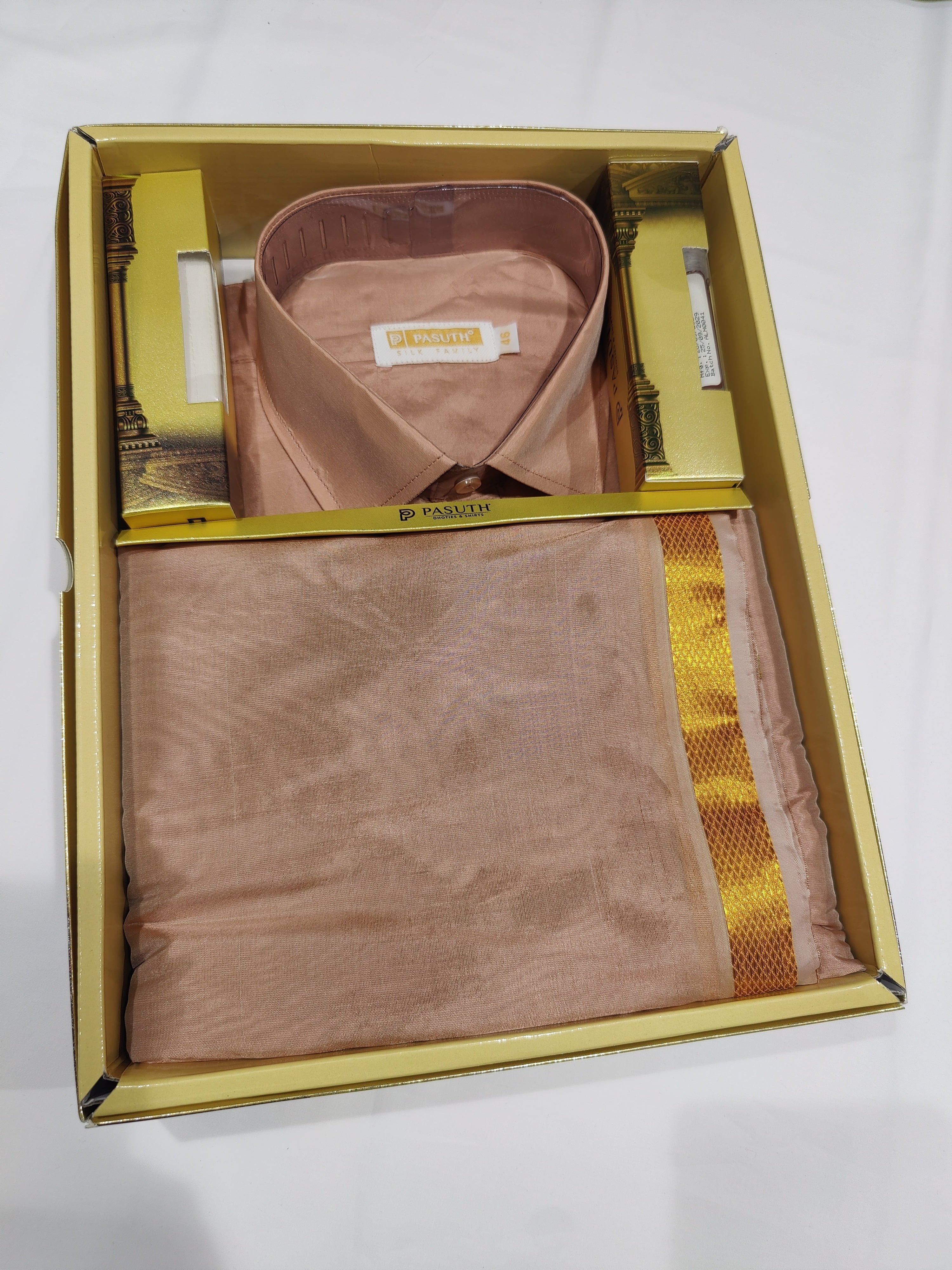 "Copper Dhoti Set with Dhoti, Shirt, Belt & Perfume – Wedding Collection for Men"