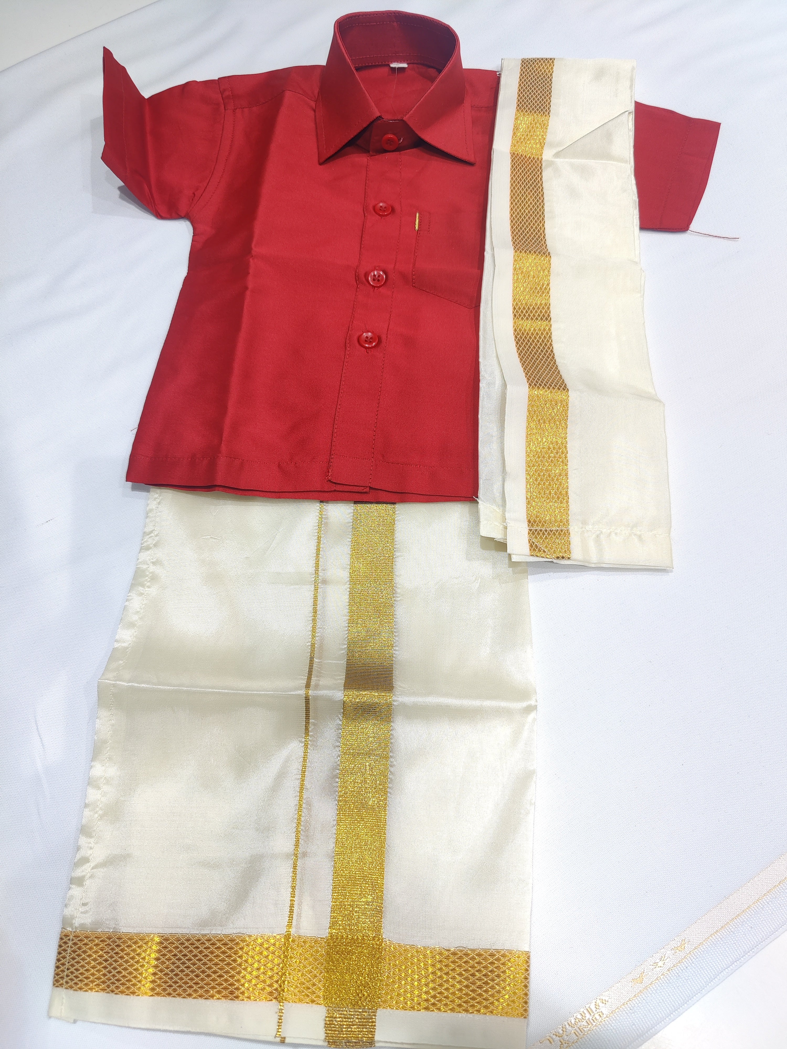 Red Kids Dhoti Shirt Set with Traditional Pancha - New Sudarshan Silks`