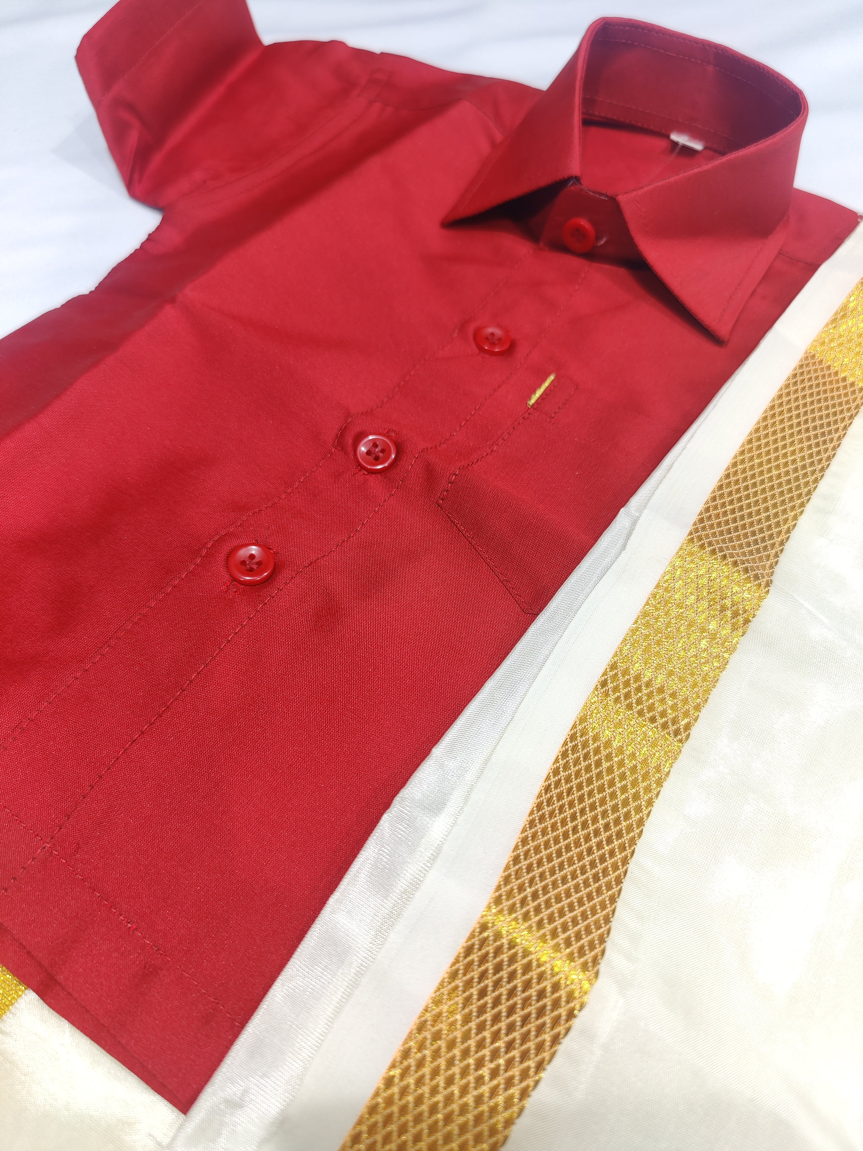 Red Kids Dhoti Shirt Set with Traditional Pancha - New Sudarshan Silks`