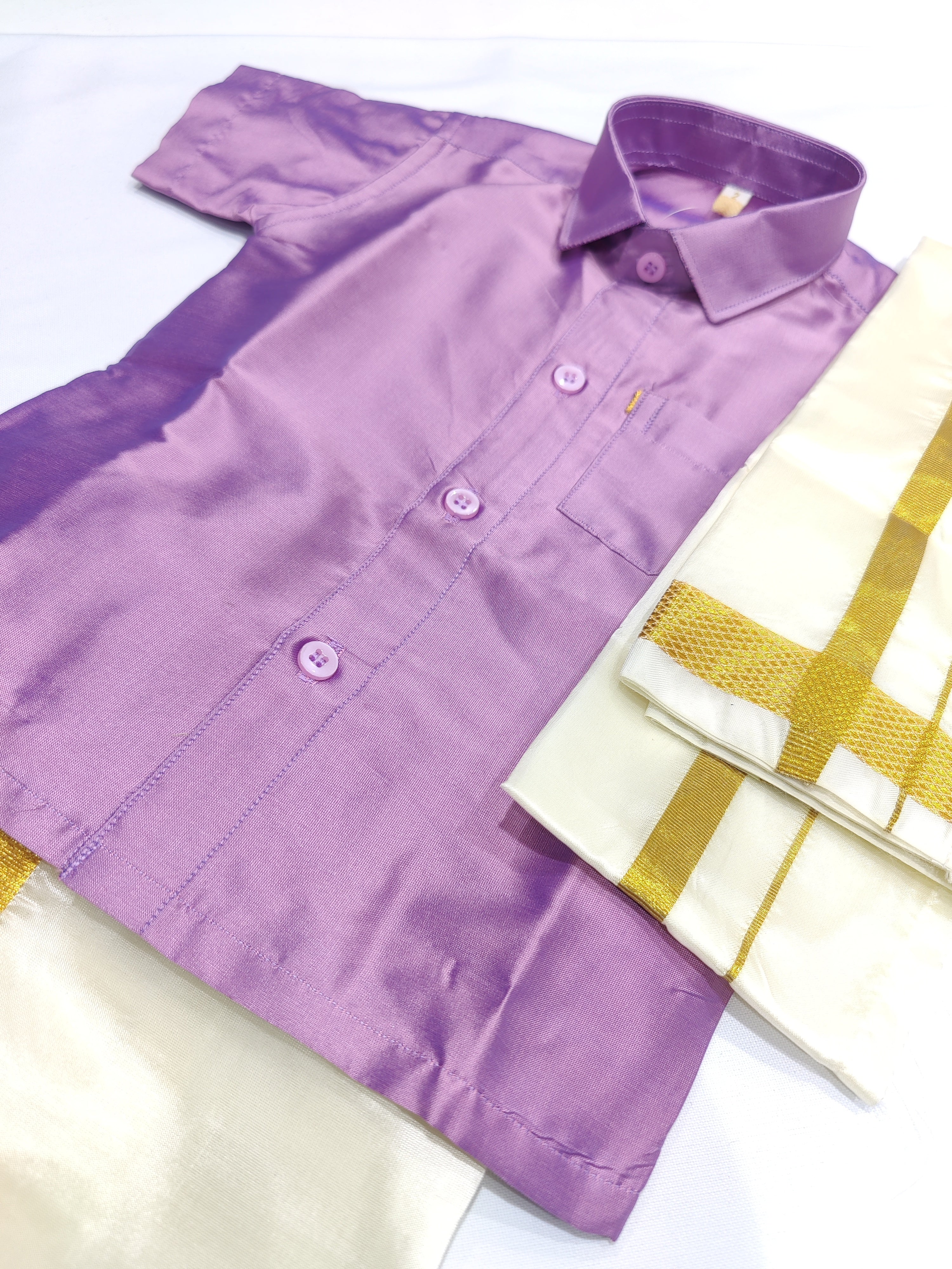 Lavender Kids Dhoti Shirt Set with Traditional Pancha