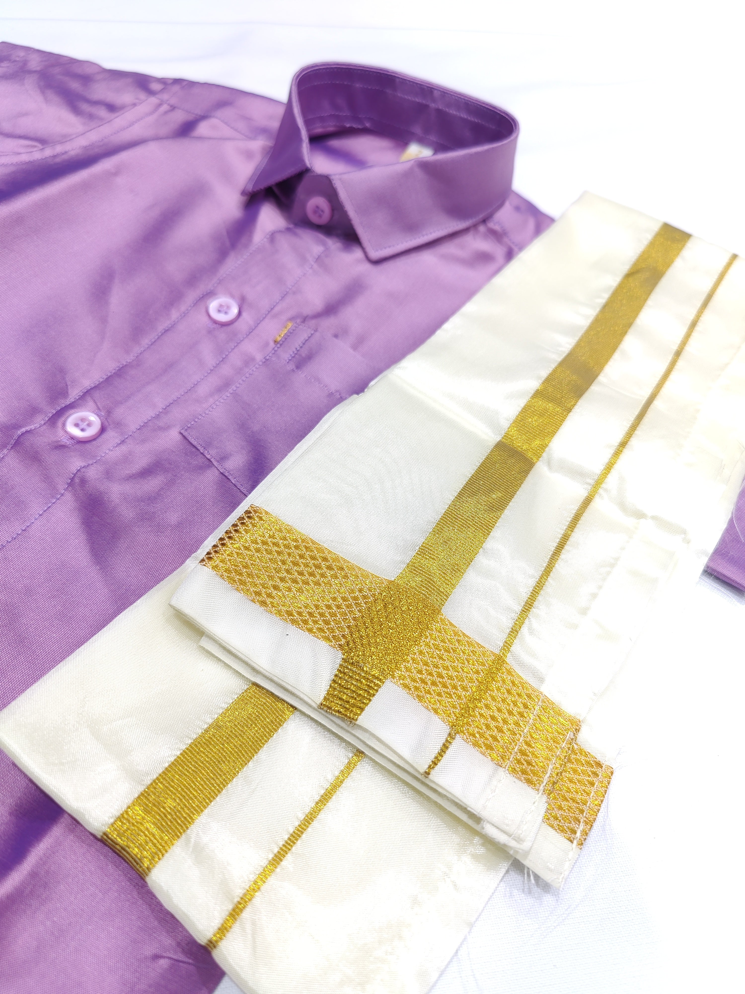 Lavender Kids Dhoti Shirt Set with Traditional Pancha