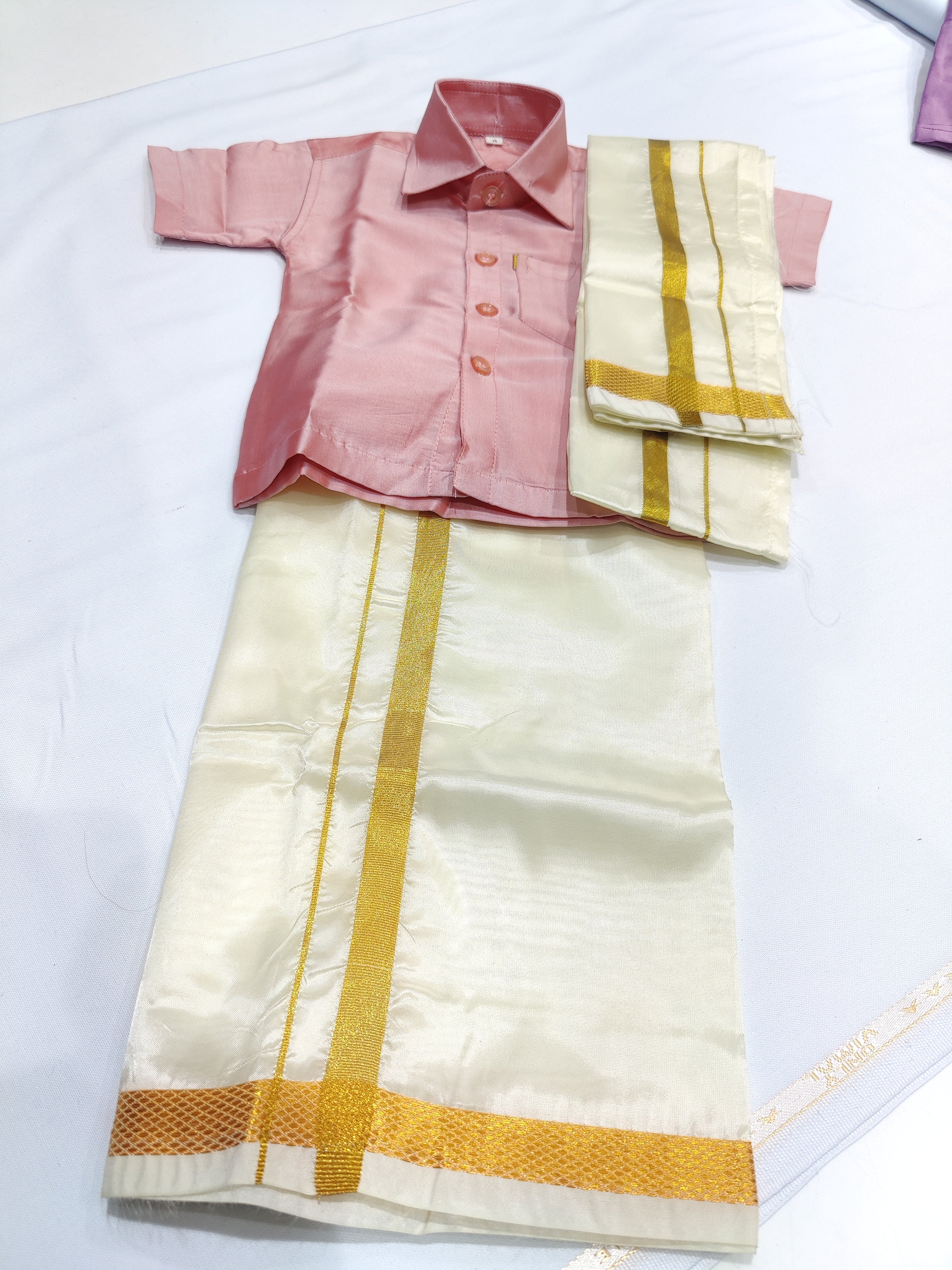 Peach Kids Dhoti Shirt Set with Traditional Pancha