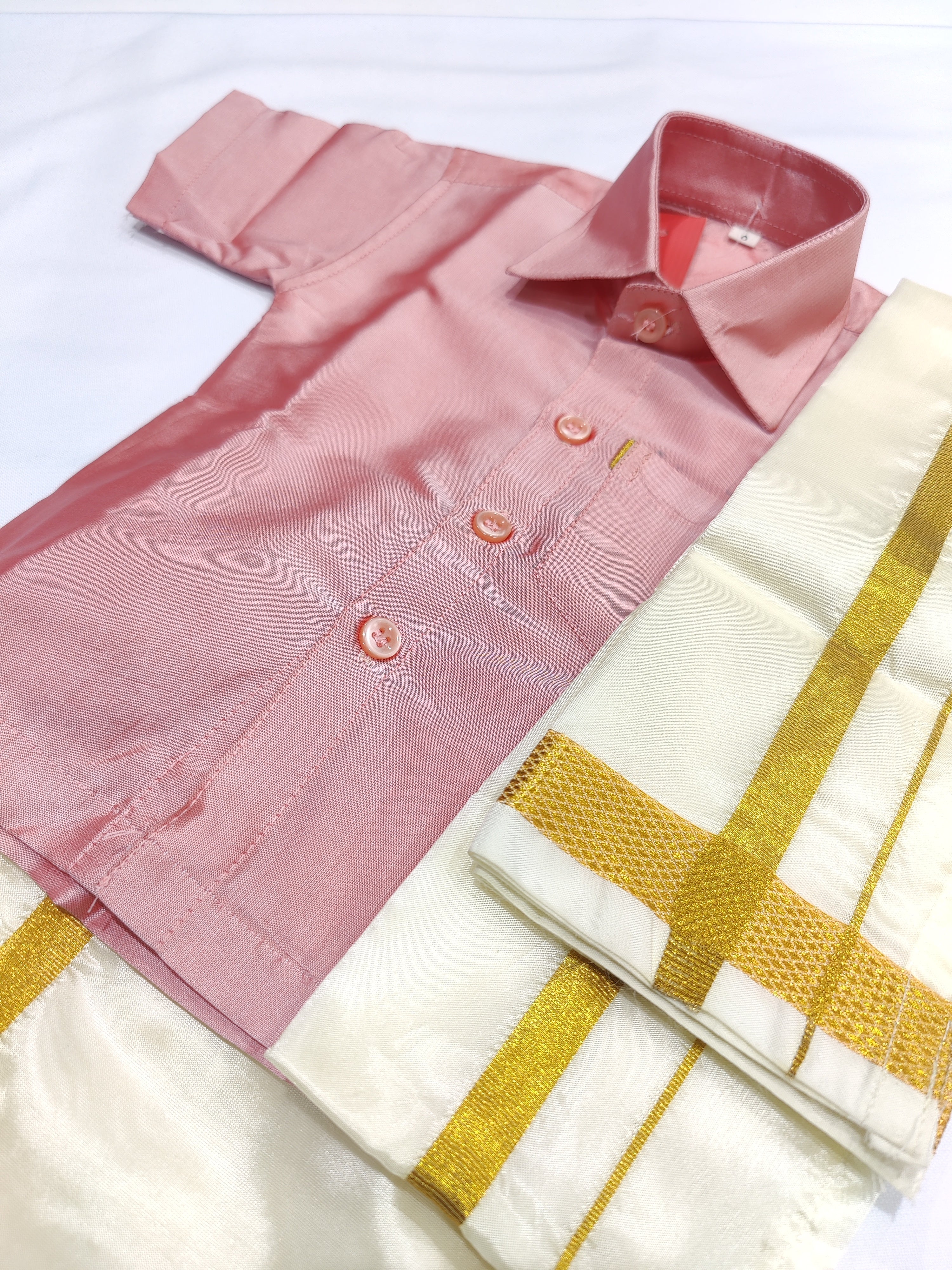 Peach Kids Dhoti Shirt Set with Traditional Pancha