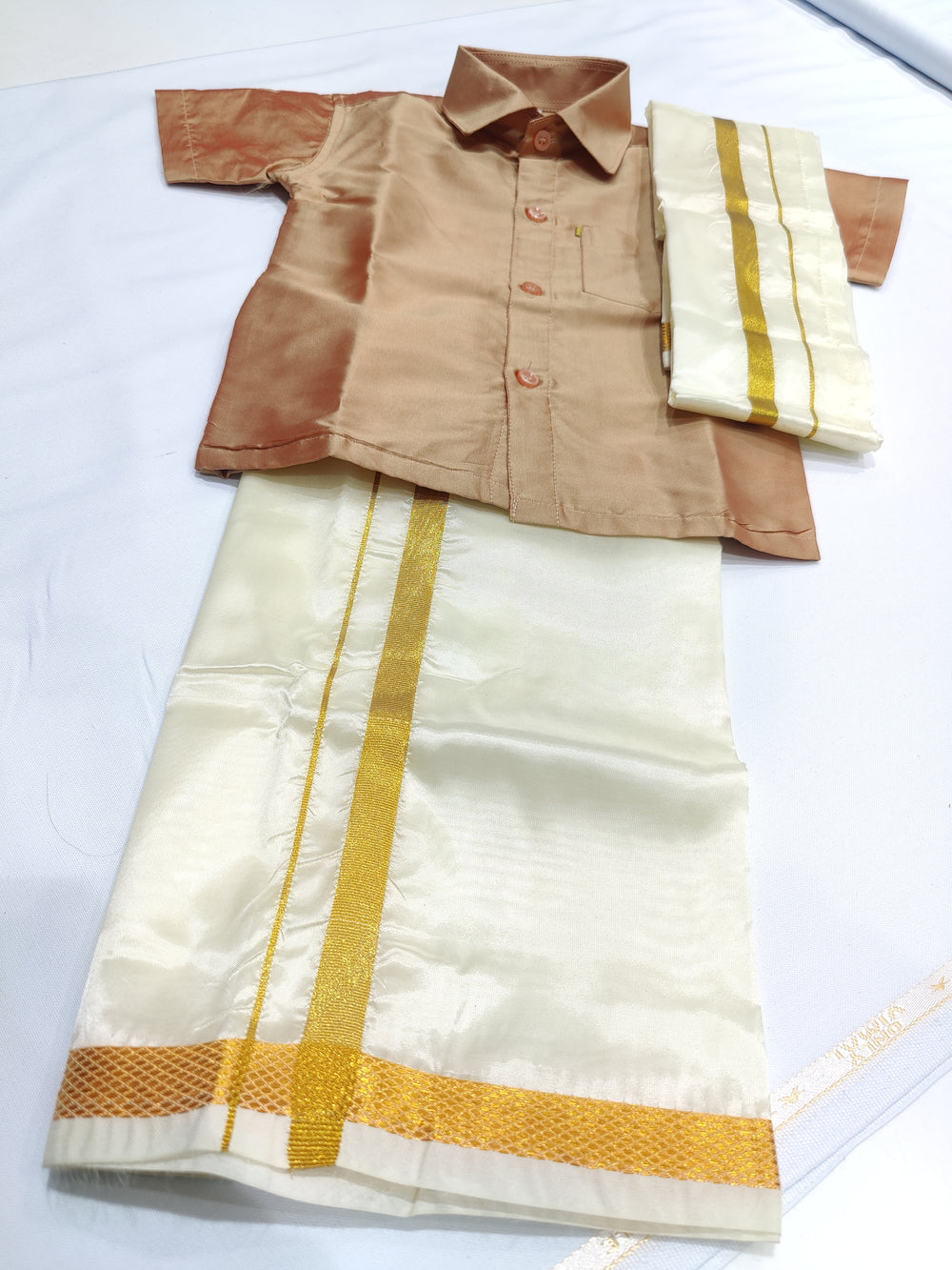 Brown Kids Dhoti Shirt Set with Traditional Pancha