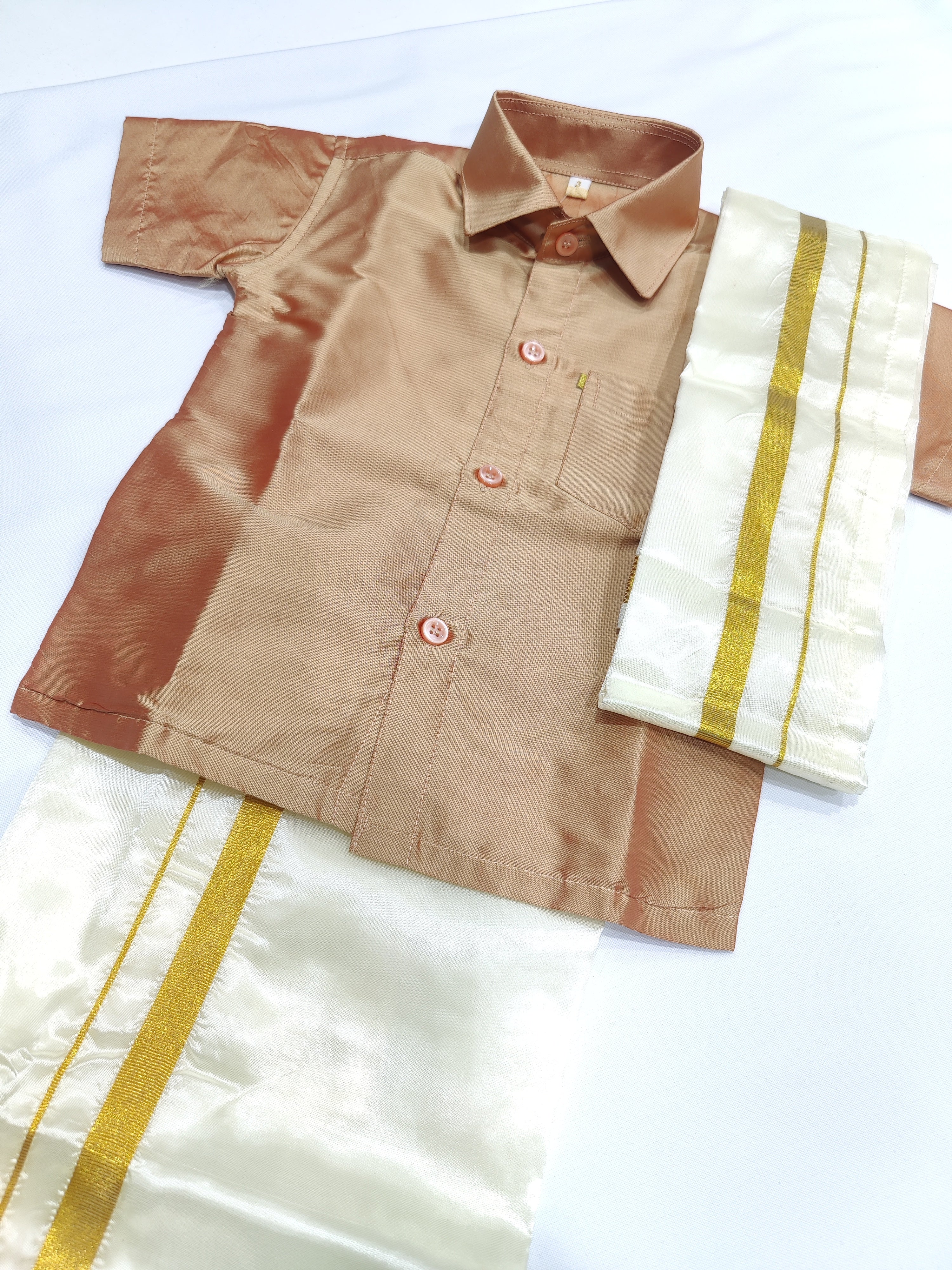 Brown Kids Dhoti Shirt Set with Traditional Pancha