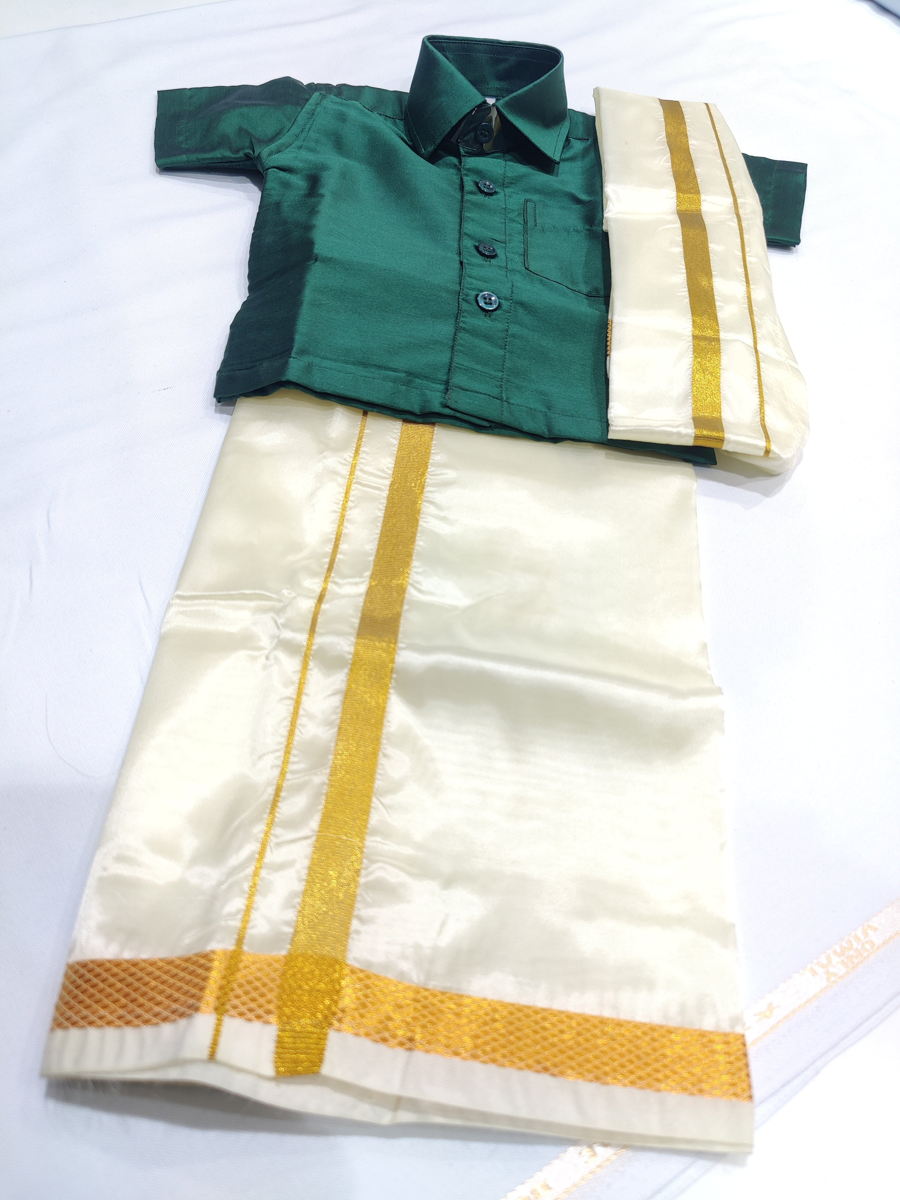 Green Kids Dhoti Shirt Set with Traditional Pancha