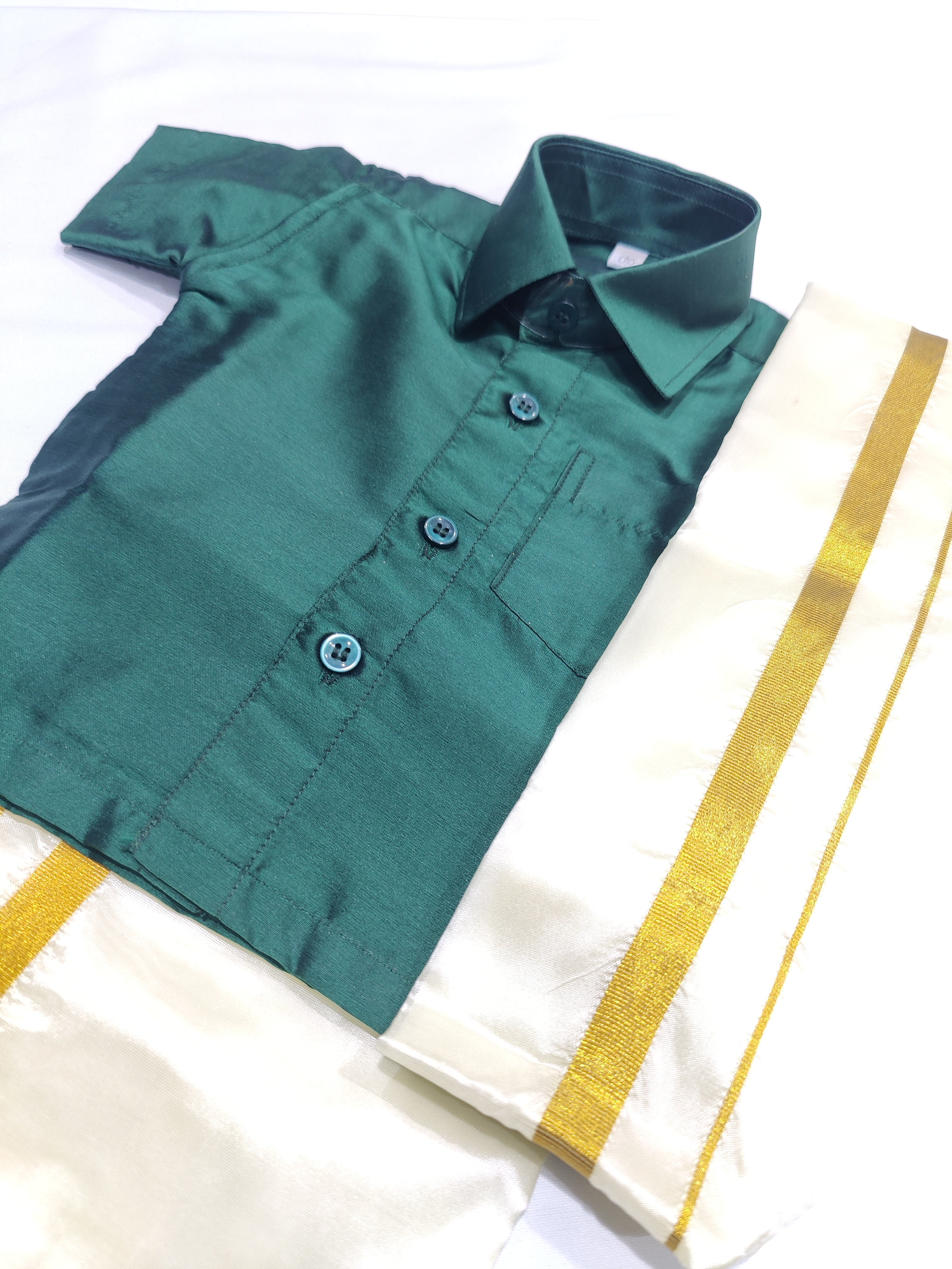 Green Kids Dhoti Shirt Set with Traditional Pancha