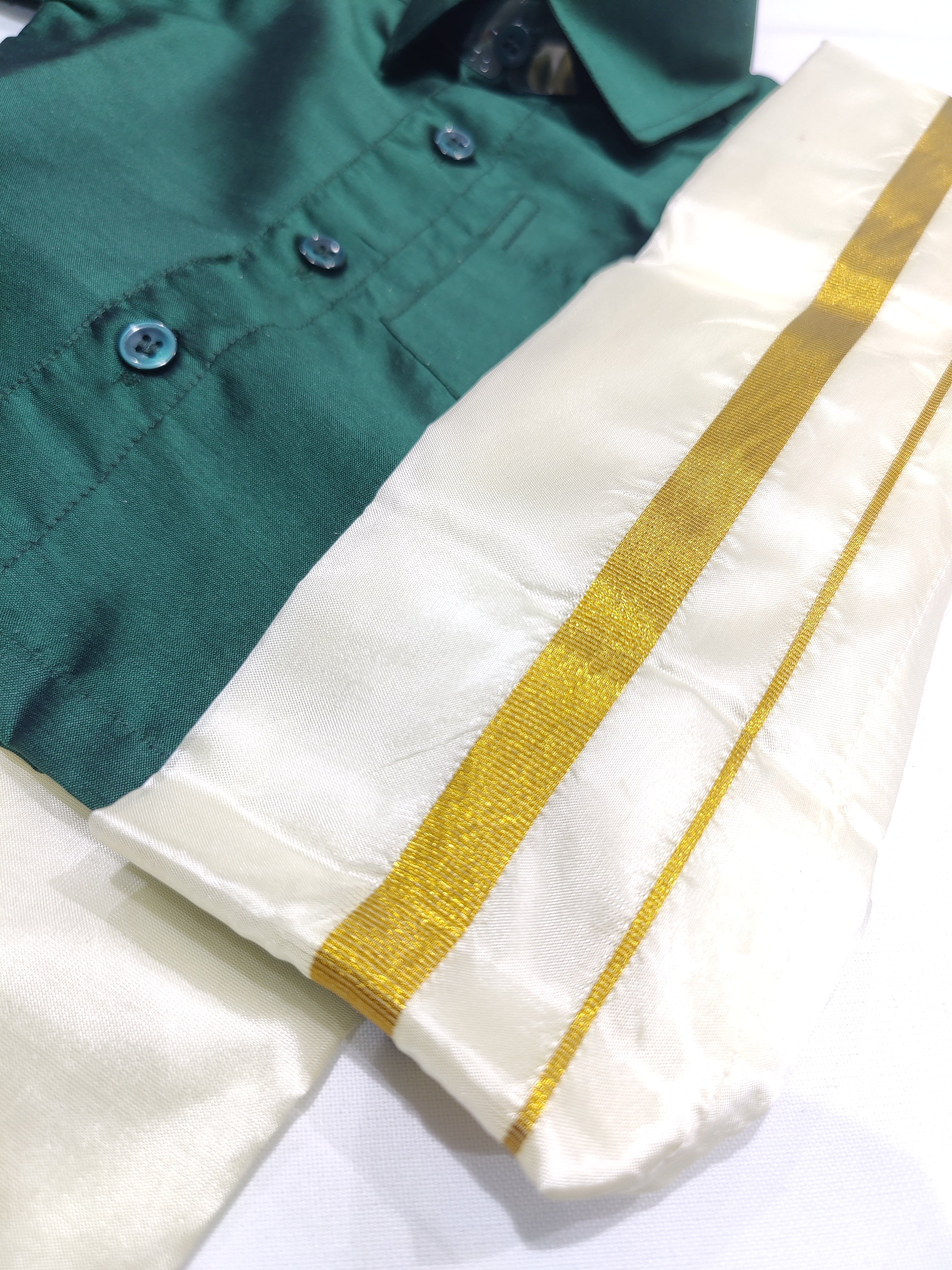 Green Kids Dhoti Shirt Set with Traditional Pancha