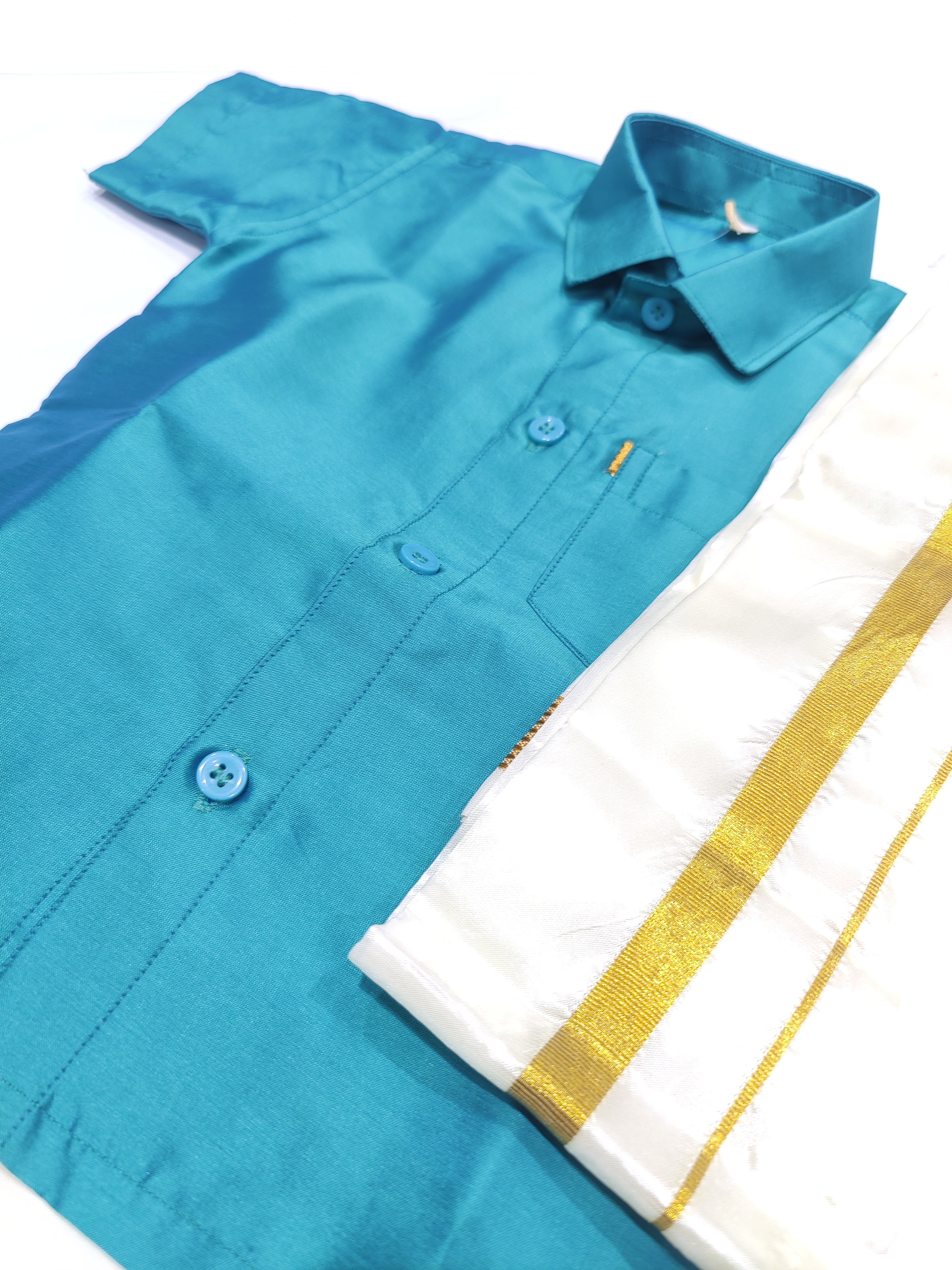 Peacock Blue Kids Dhoti Shirt Set with Traditional Pancha