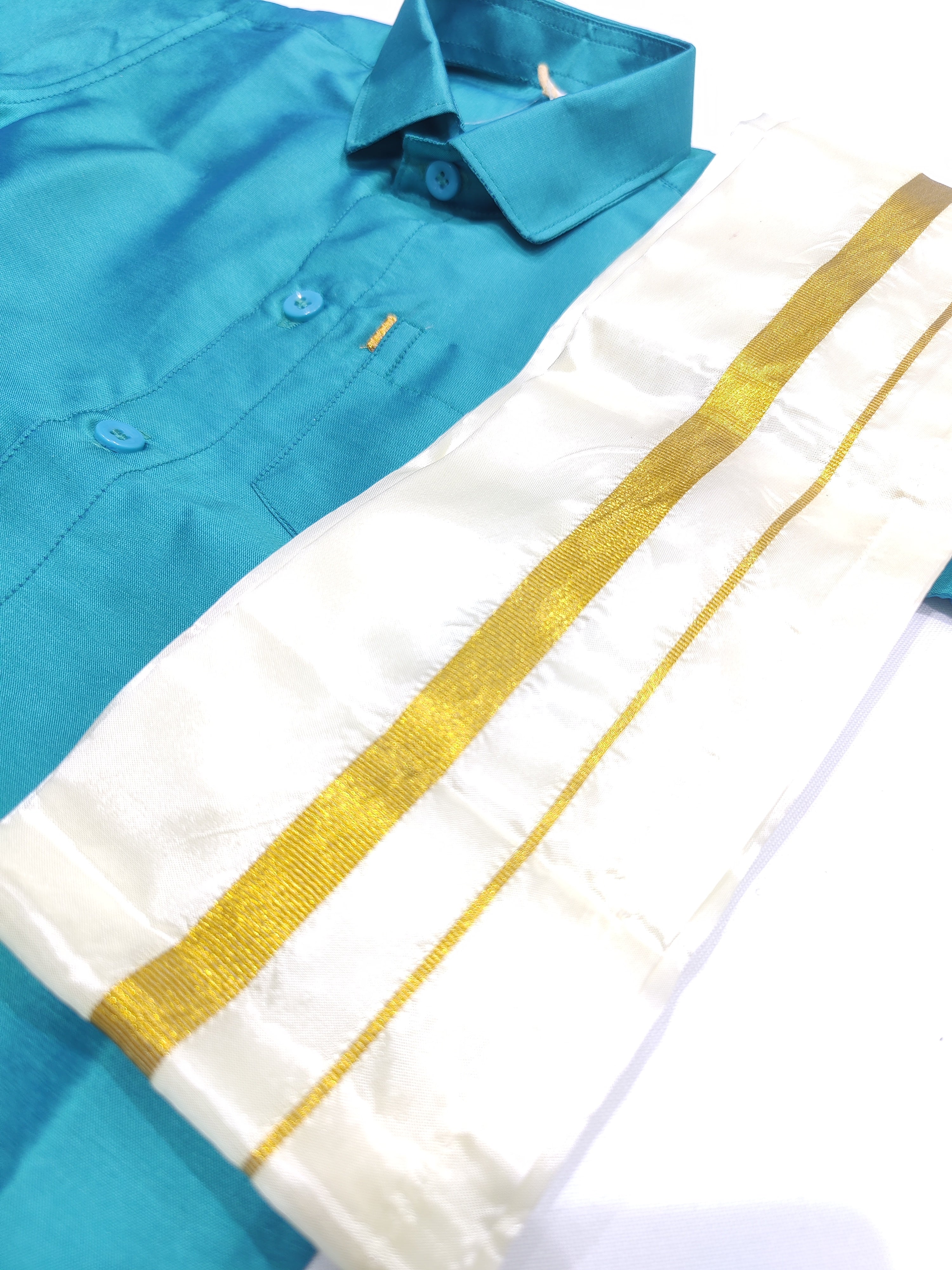 Peacock Blue Kids Dhoti Shirt Set with Traditional Pancha