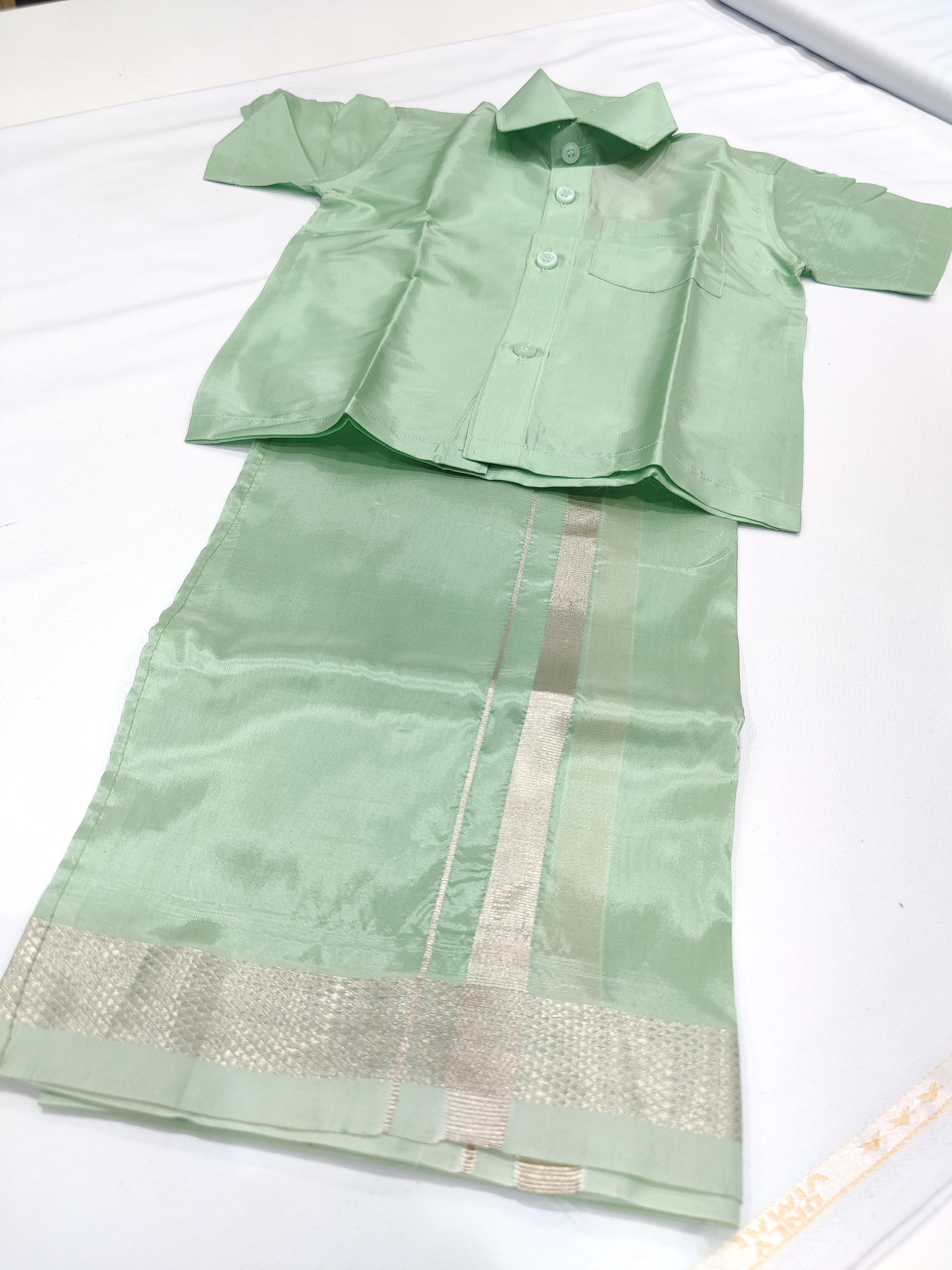 Pista Green Tissue Pancha Shirts - Traditional Elegance for Little Boys