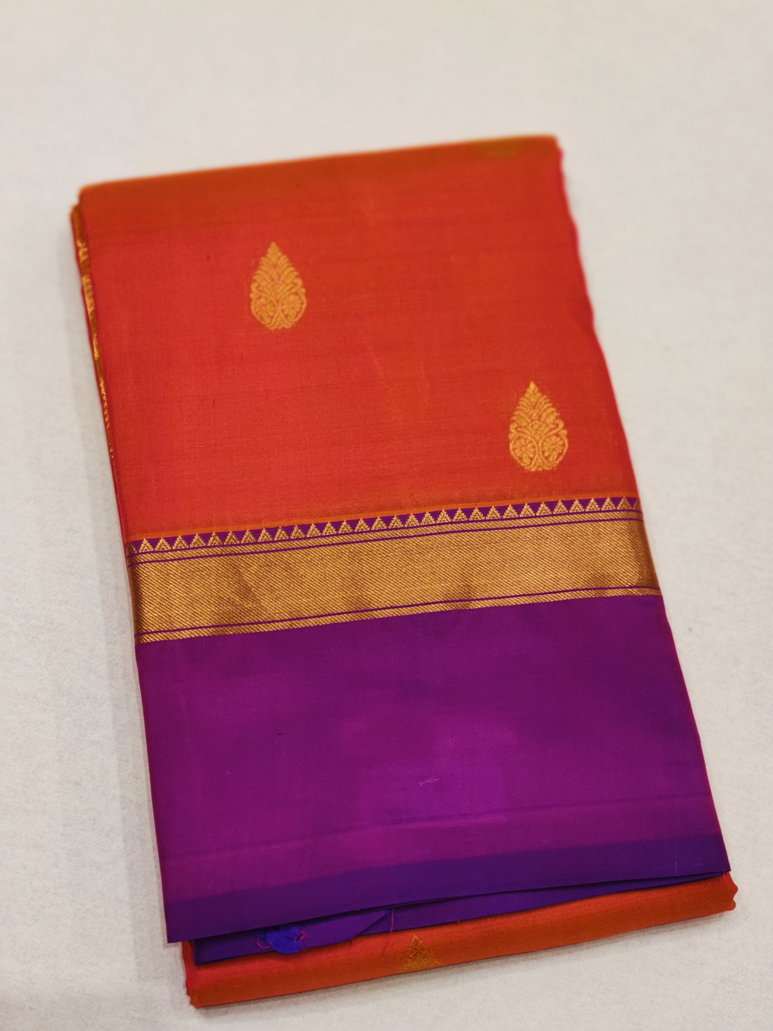 Orangish Pink Kanjivaram Silk Saree with Majenta Brown Border - Stunning New Arrival