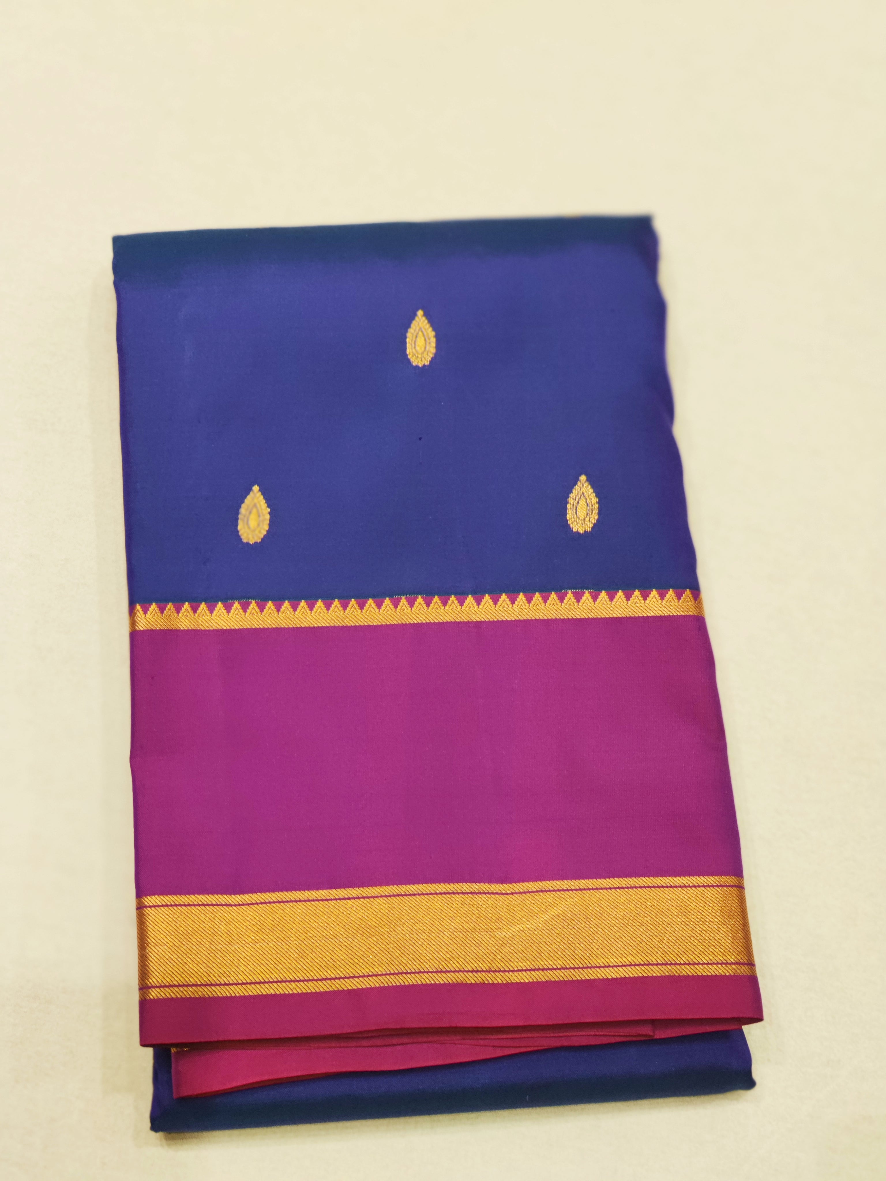 Peacock Blue Kanjivaram Silk Saree with Majenta  Border - Regal New Arrival