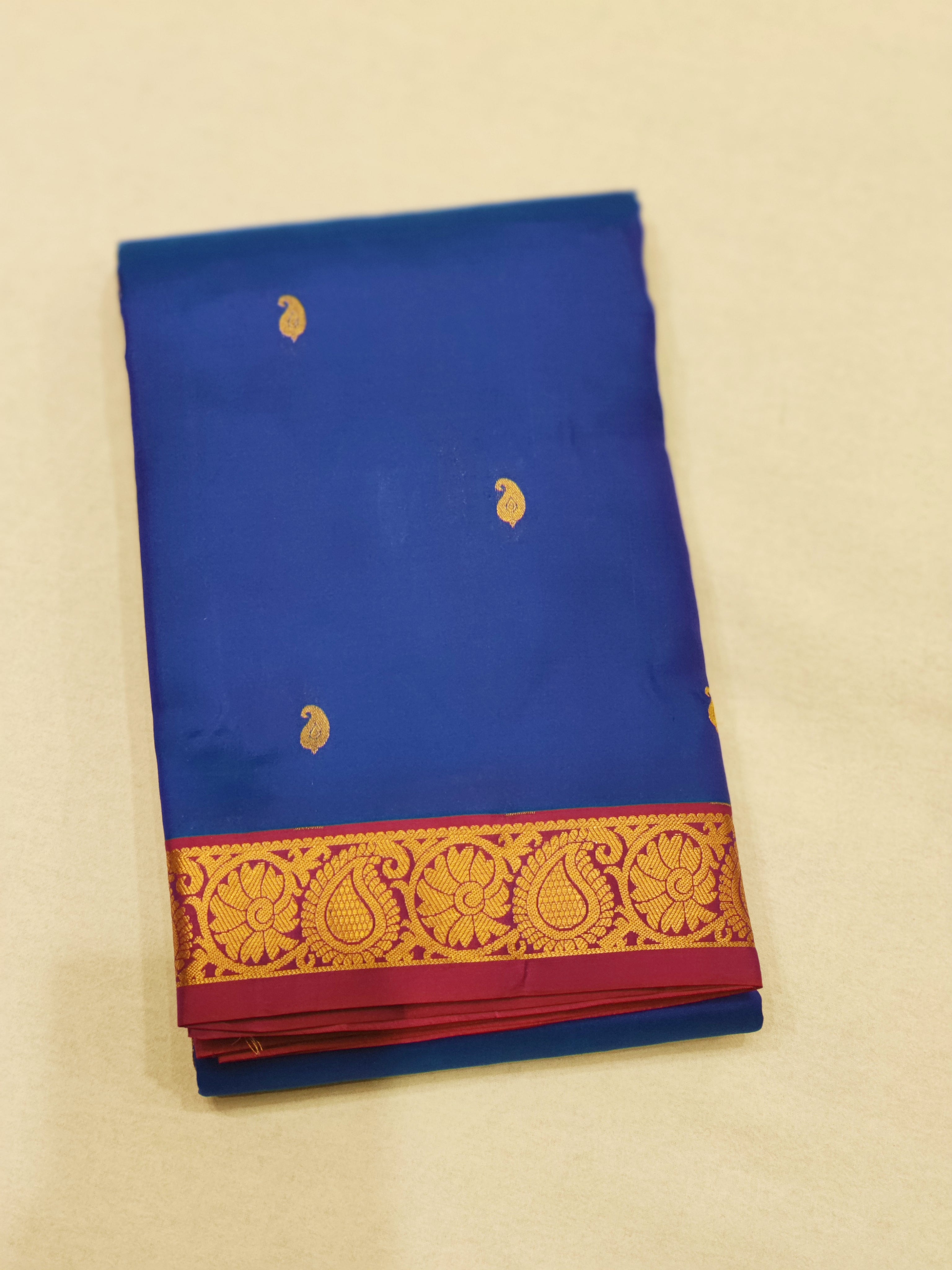 Peacock Blue Kanjivaram Silk Saree with Majenta  Pink Border - Regal New Arrival