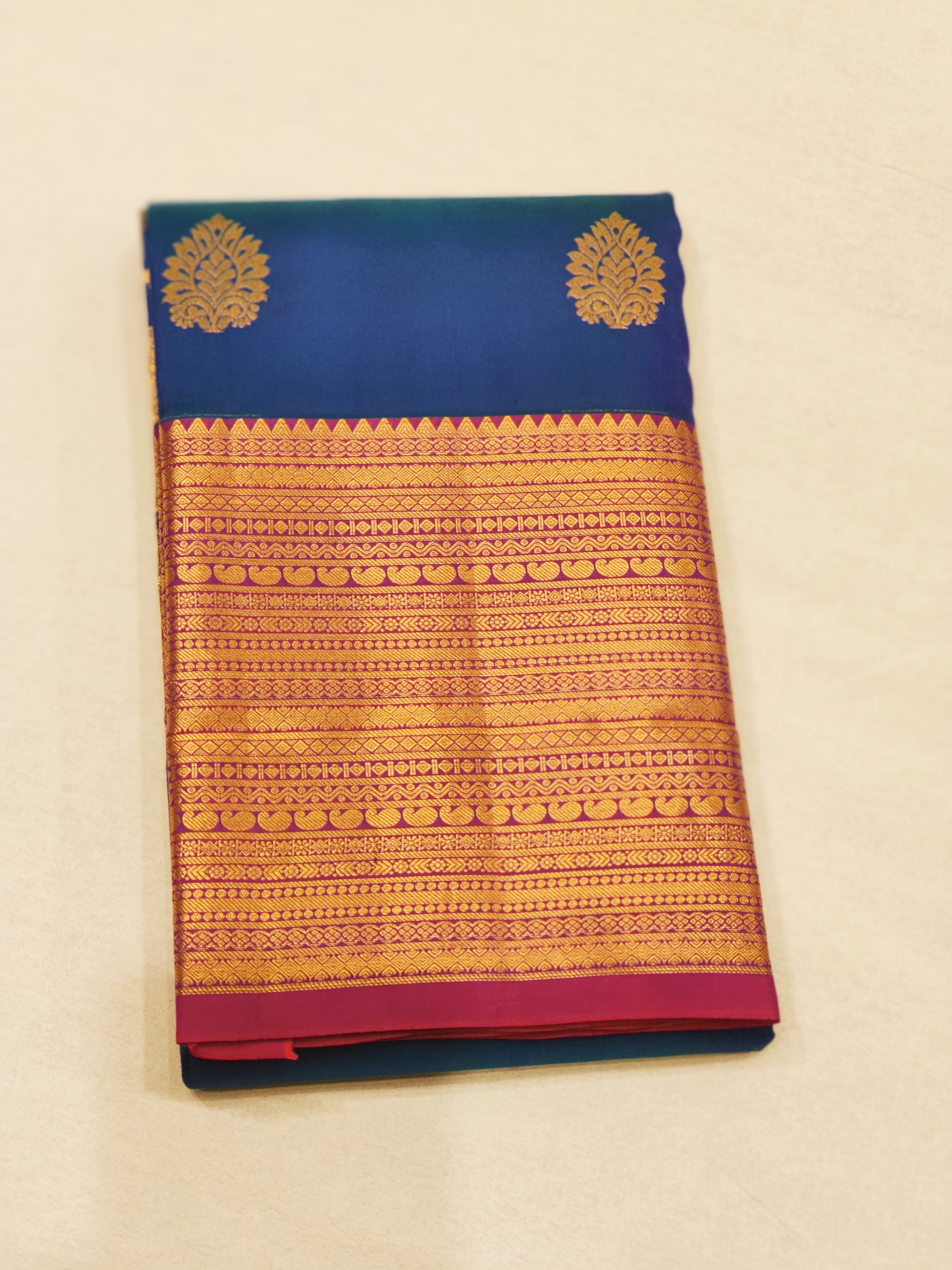 Peacock Blue Kanjivaram Silk Saree with Majenta Border - New Arrival