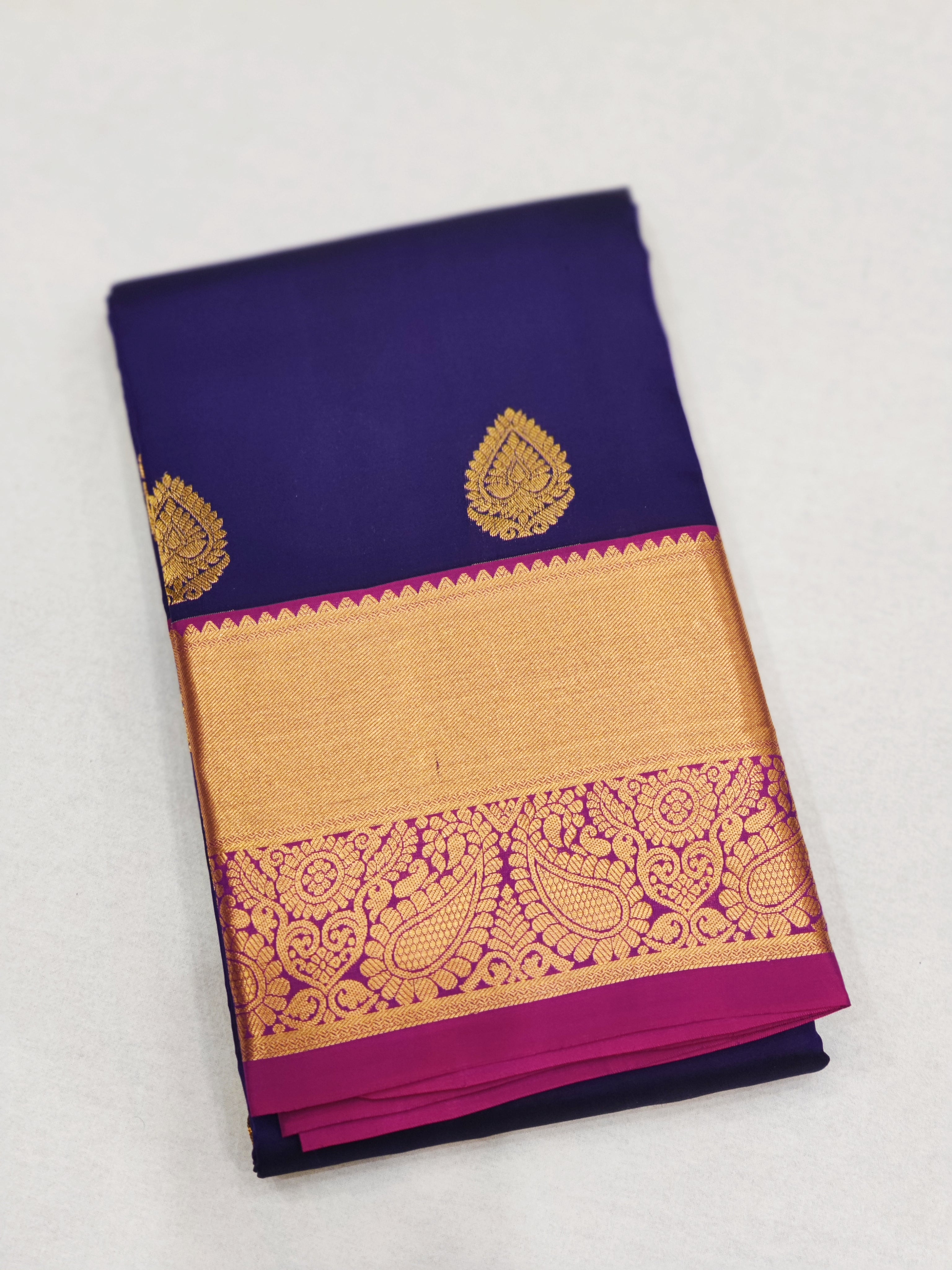 Ink Blue Kanjivaram Silk Saree with Pink Border - Elegant New Arrival