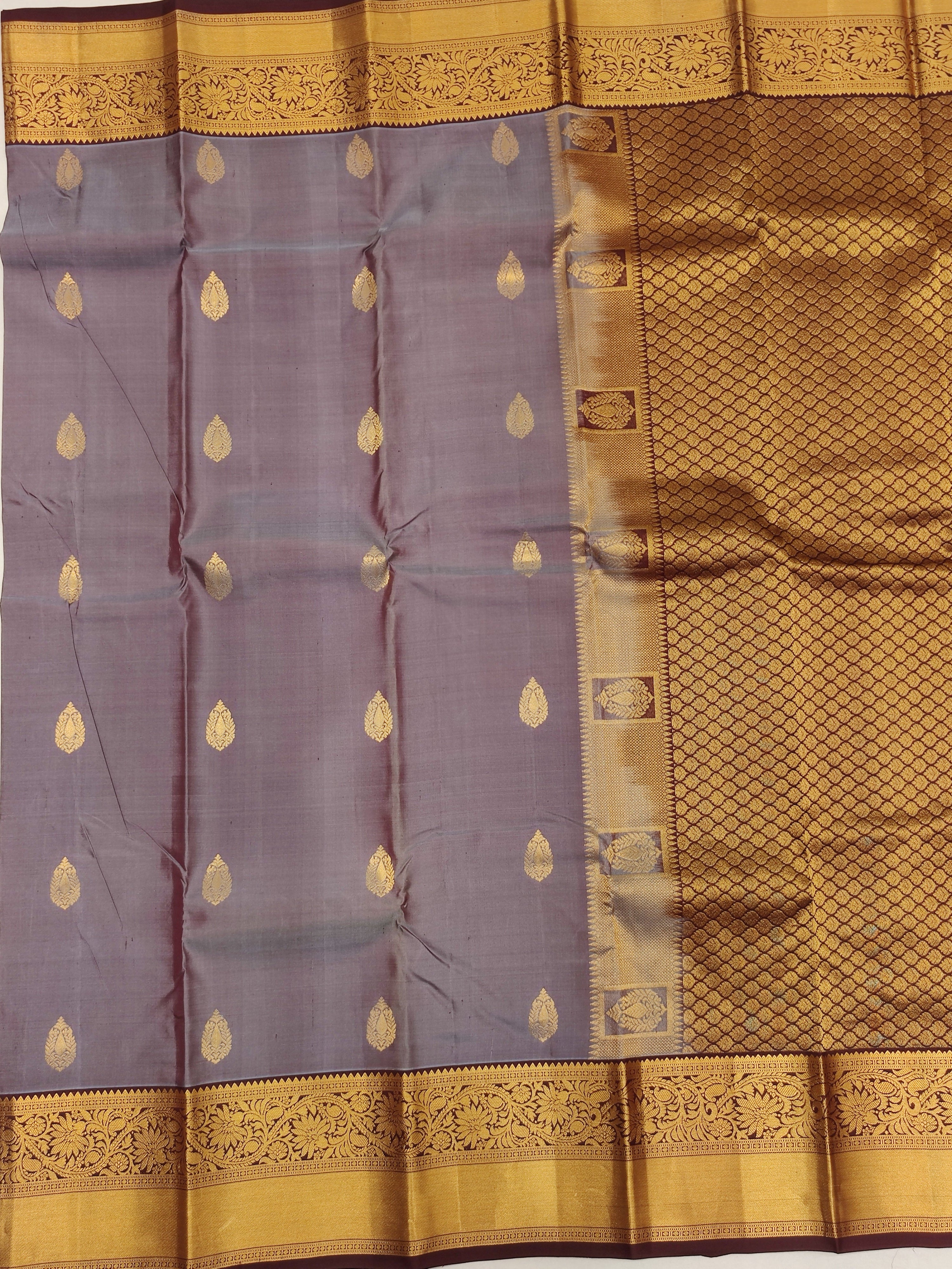 Grey Kanjivaram Silk Saree with Brown Border - Elegant New Arrival