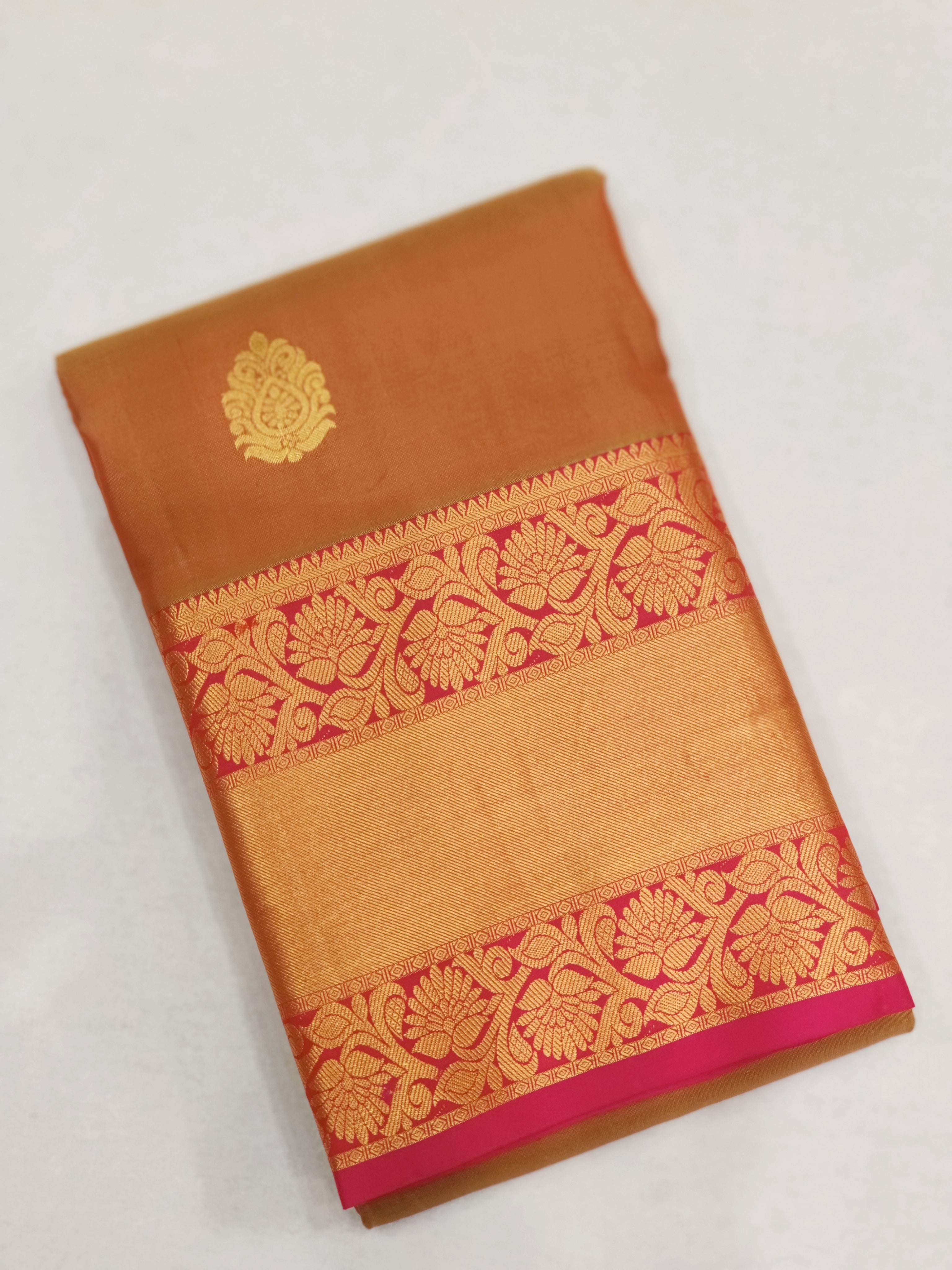 Mustard Kanjivaram Silk Saree with Pink Border - Elegant Unique Collection