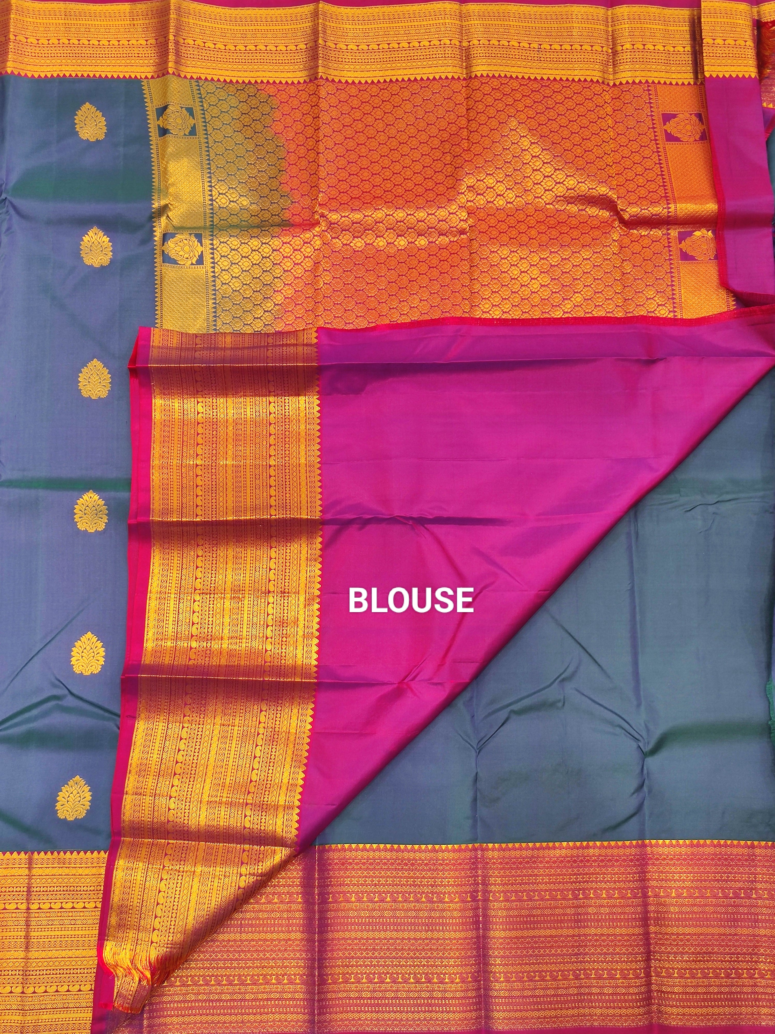 Peacock Blue Kanjivaram Silk Saree with Majenta Border - New Arrival