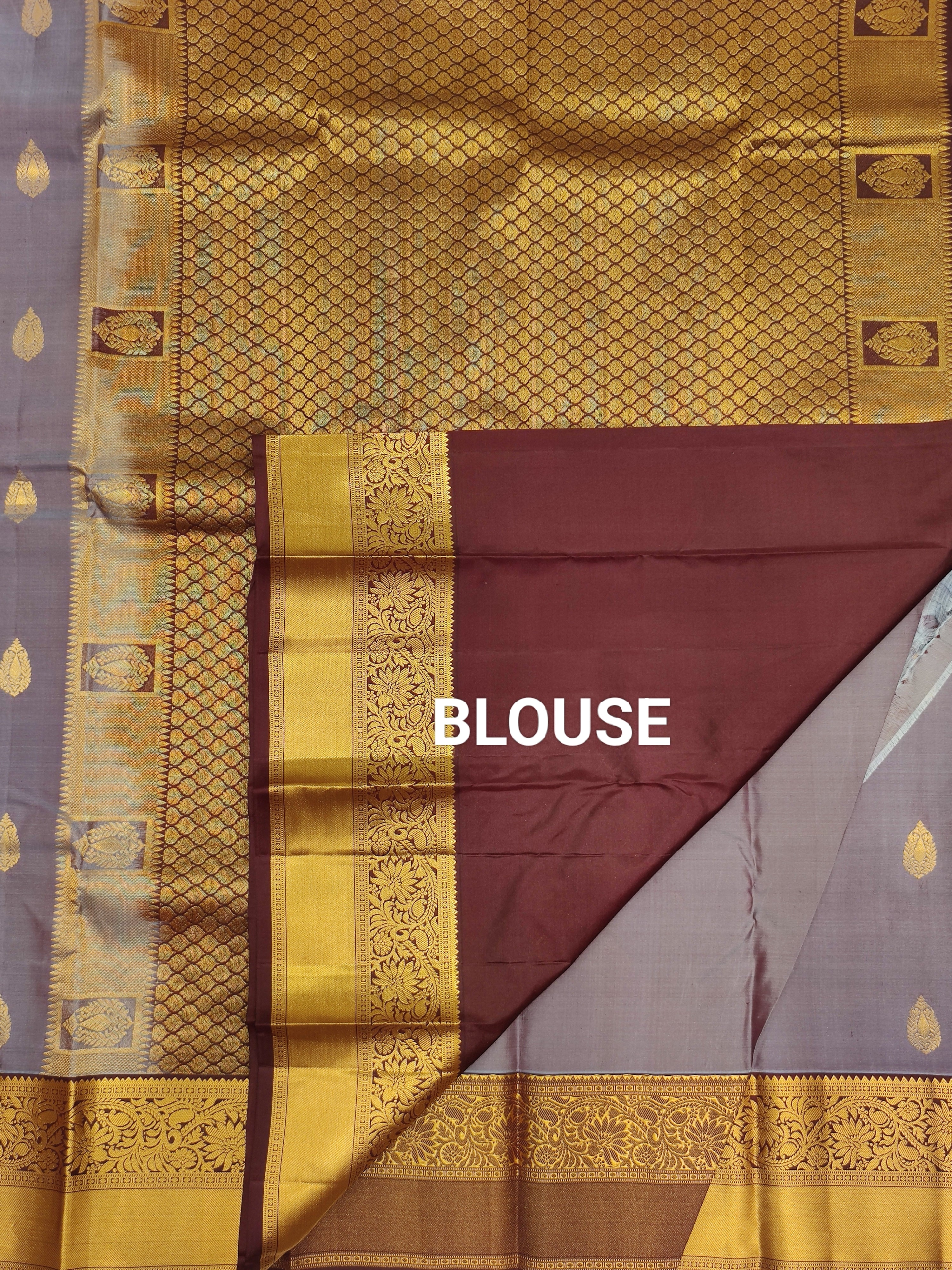 Grey Kanjivaram Silk Saree with Brown Border - Elegant New Arrival