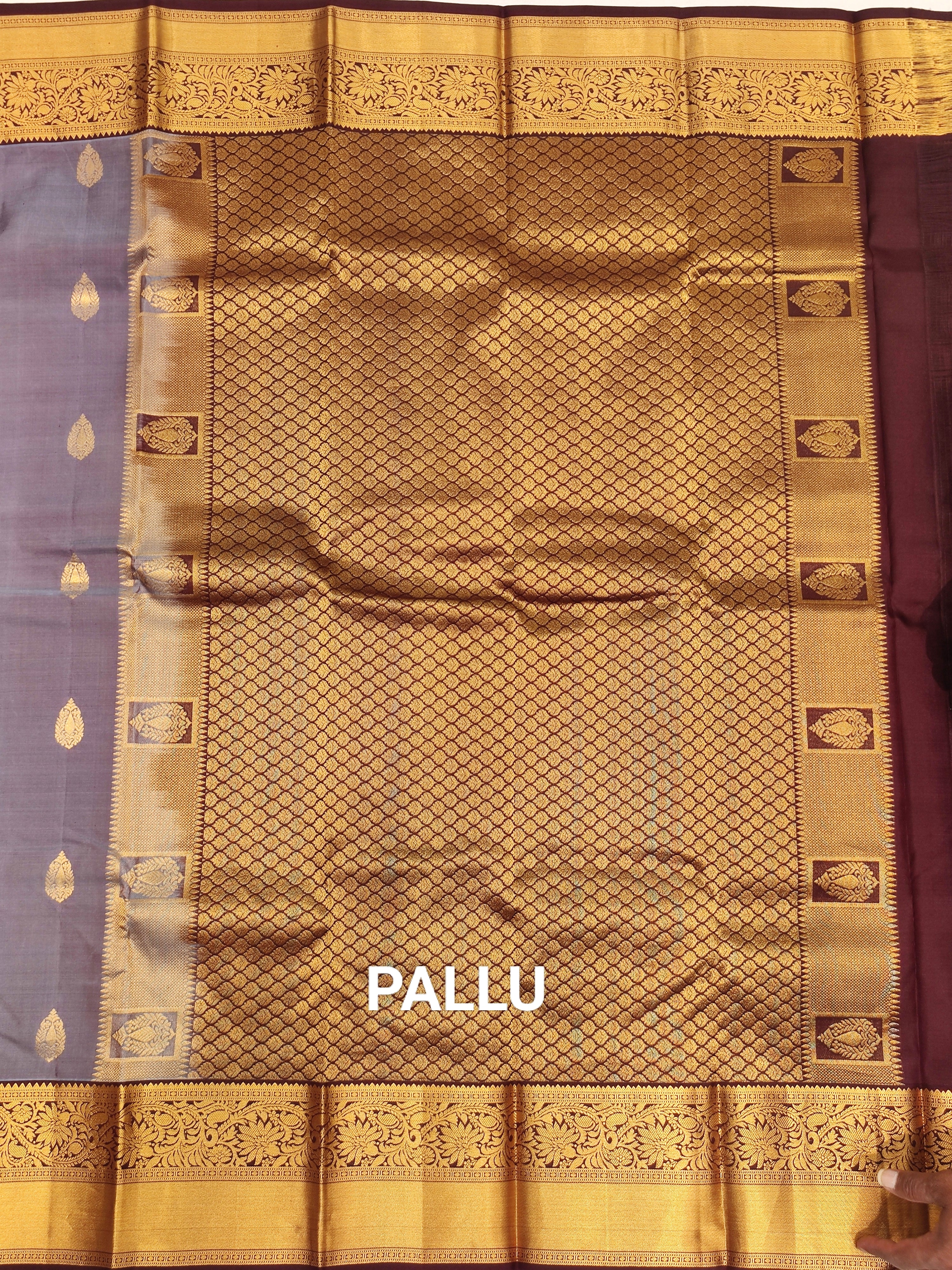 Grey Kanjivaram Silk Saree with Brown Border - Elegant New Arrival