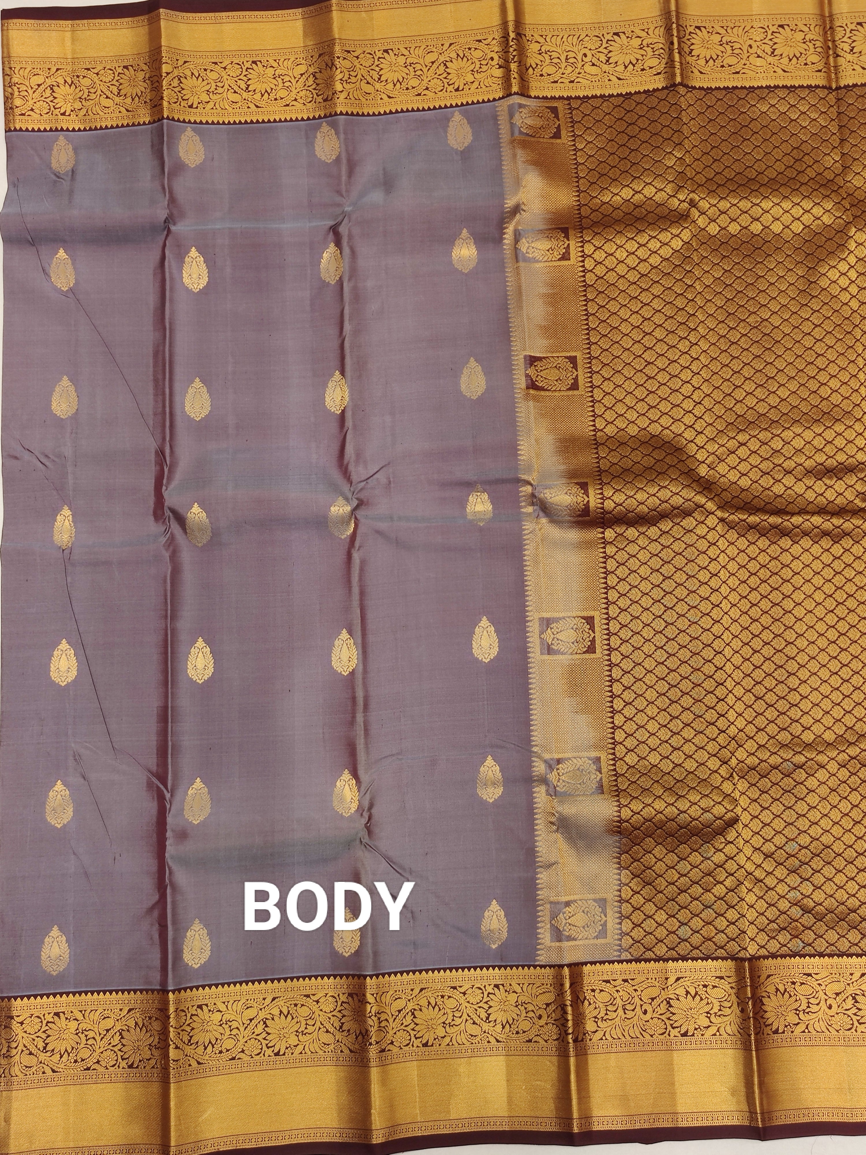 Grey Kanjivaram Silk Saree with Brown Border - Elegant New Arrival