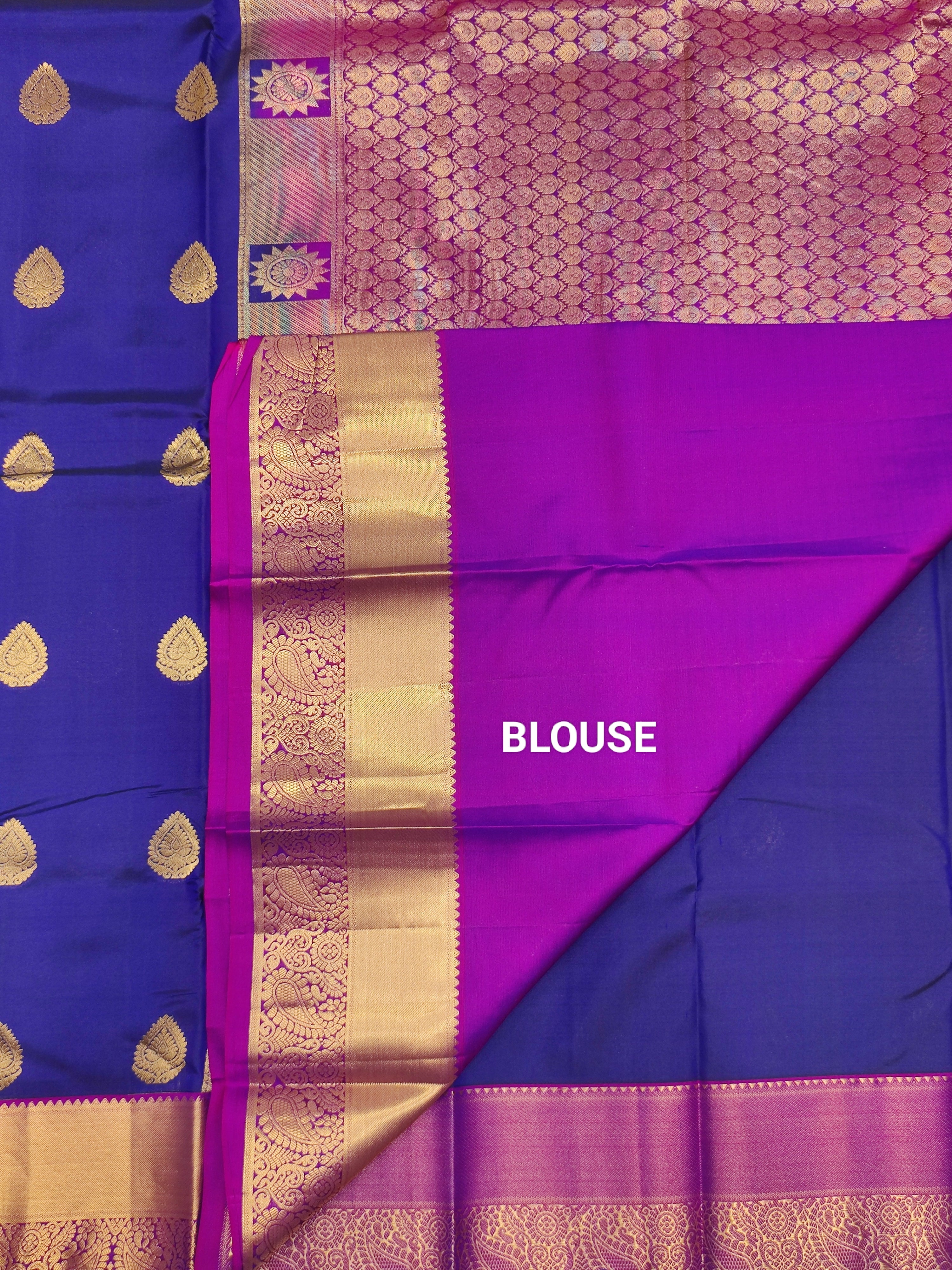 Ink Blue Kanjivaram Silk Saree with Pink Border - Elegant New Arrival