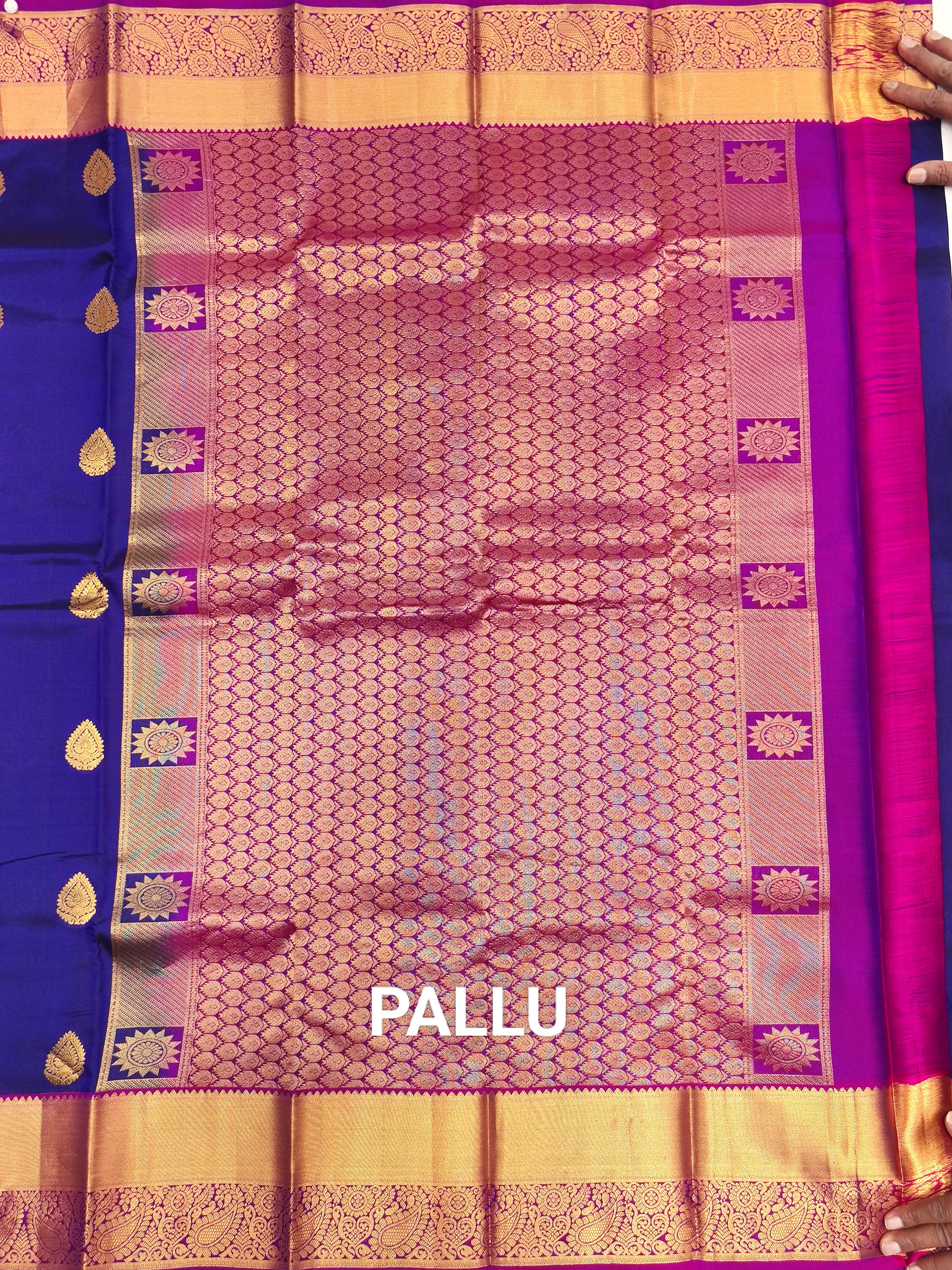 Ink Blue Kanjivaram Silk Saree with Pink Border - Elegant New Arrival