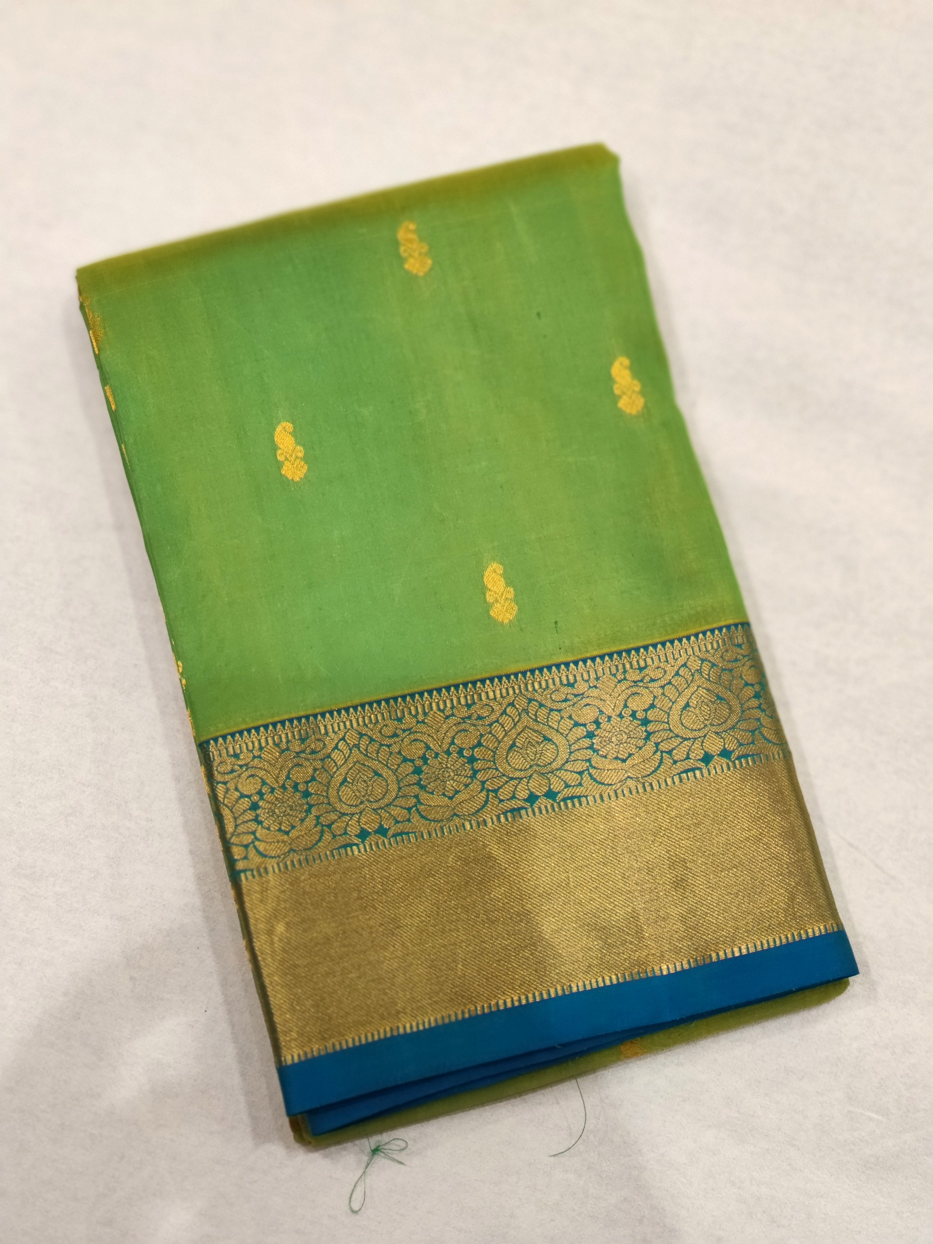 Green Kanjivaram Silk Saree with Blue Border - New Arrival