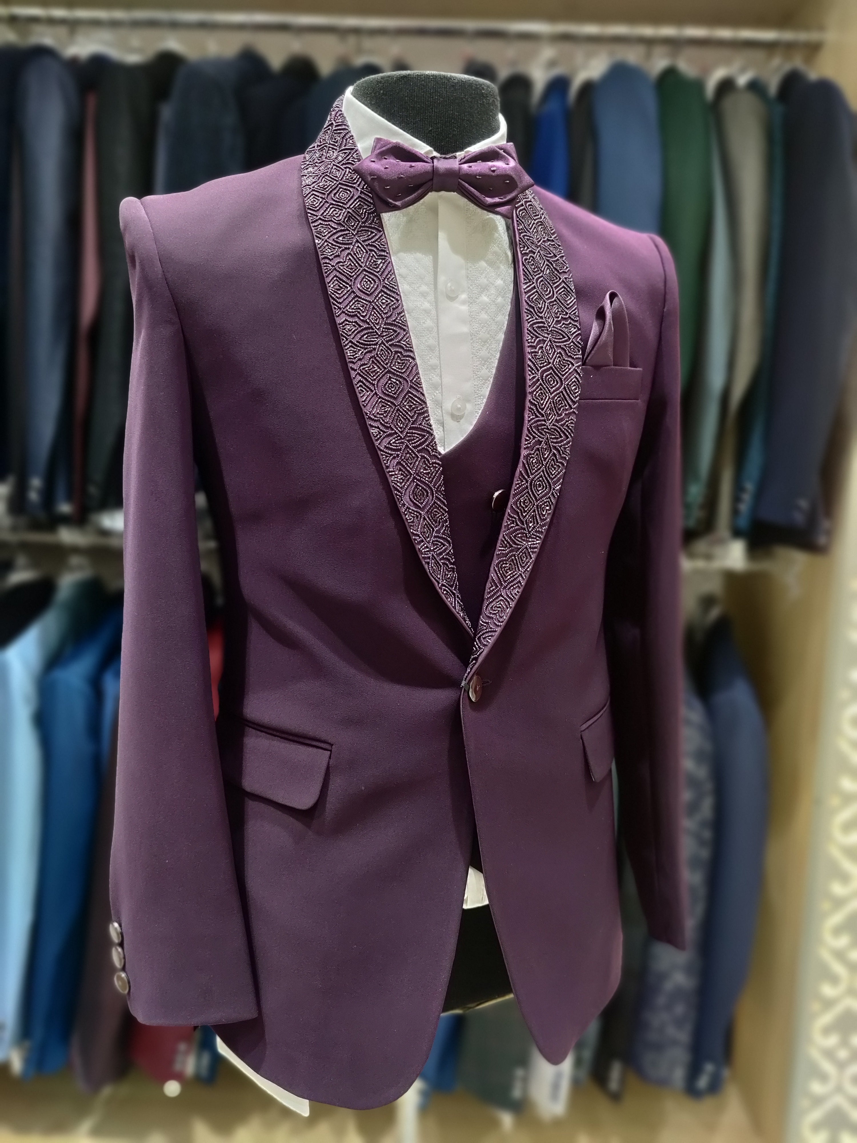 Wine Shade Men's Wedding Suit with Stone Work & Matching Pant Piece