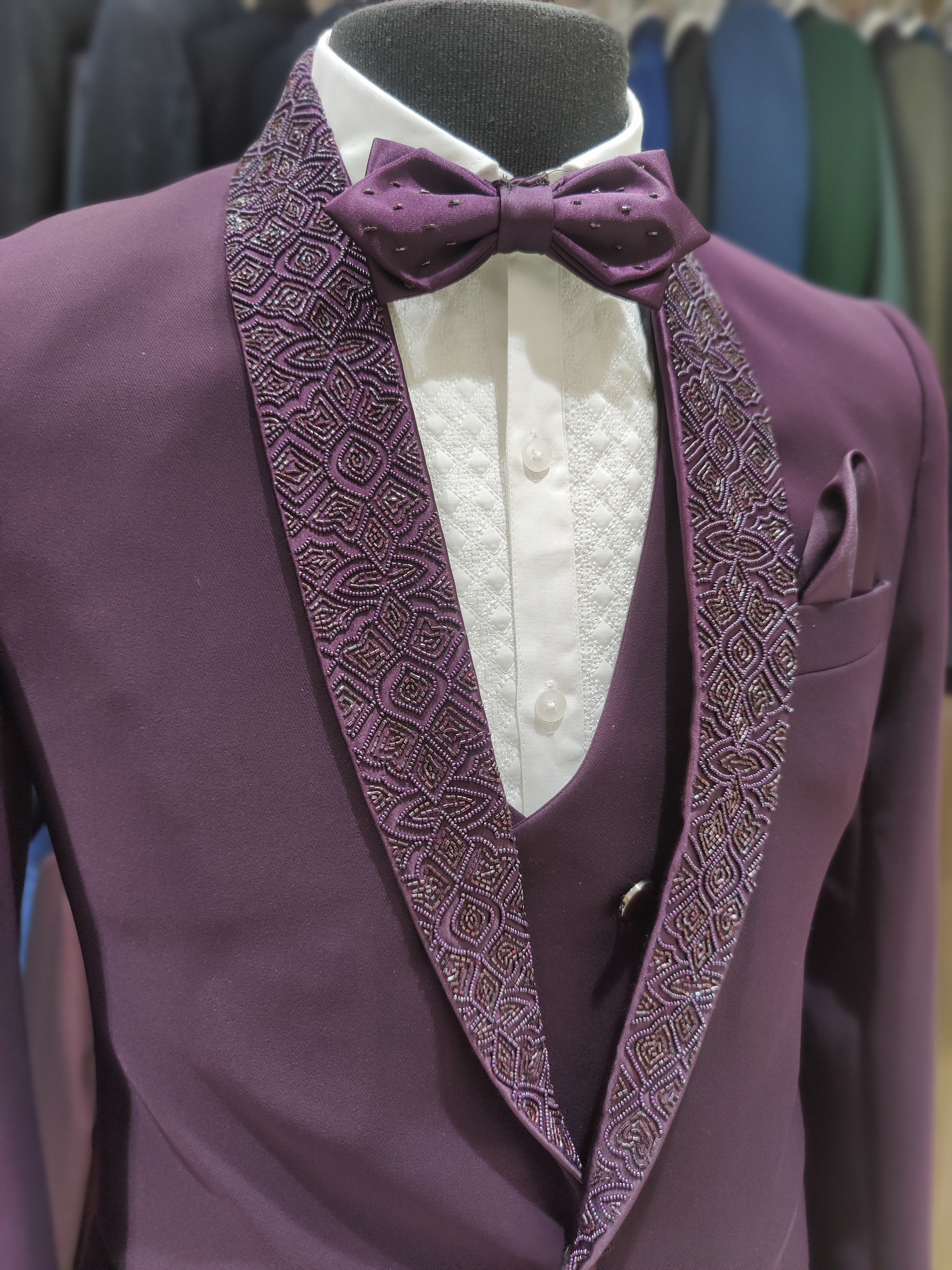 Wine Shade Men's Wedding Suit with Stone Work & Matching Pant Piece