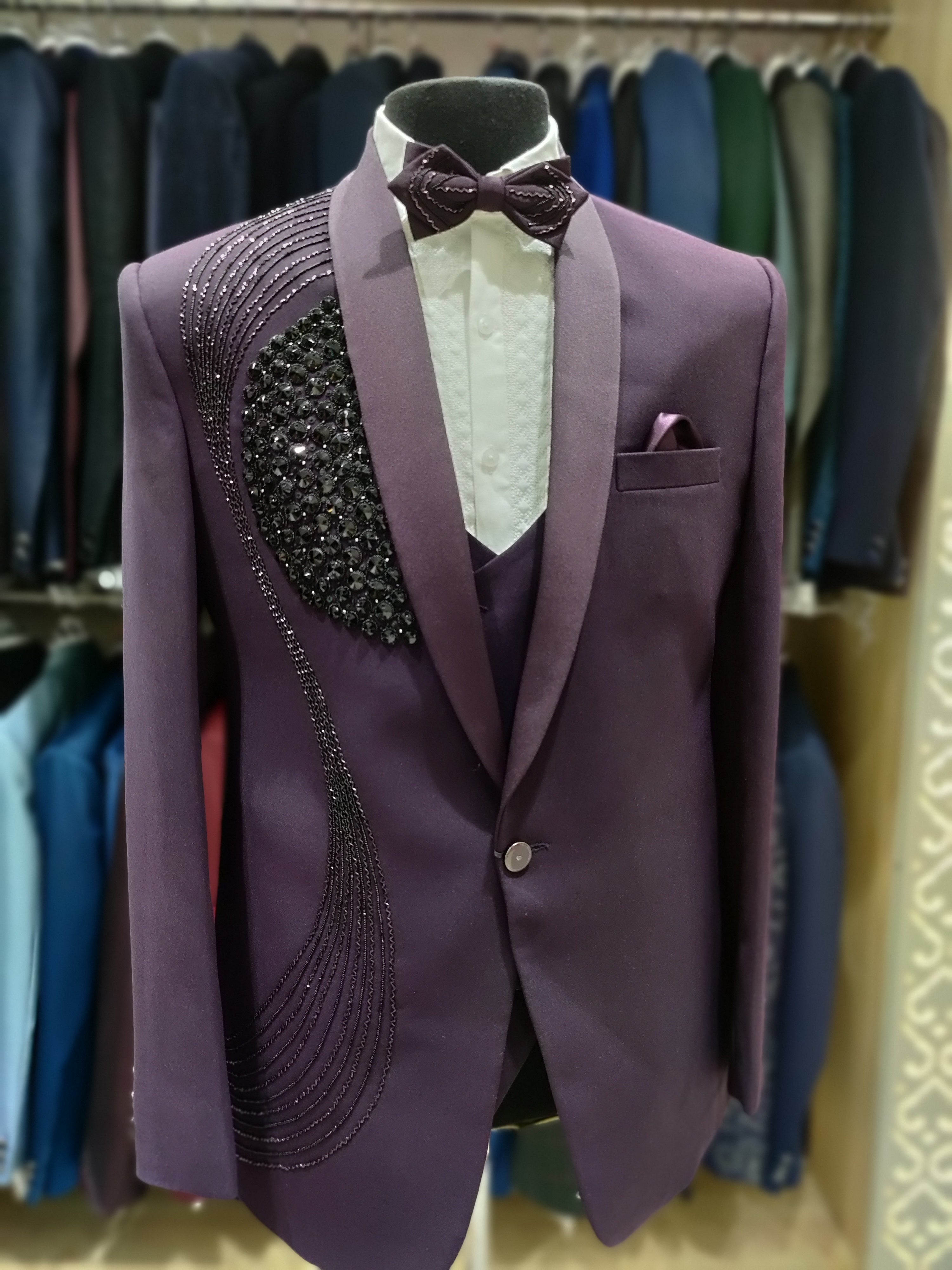 Wine Wedding Suit with Black Stone Embellishments