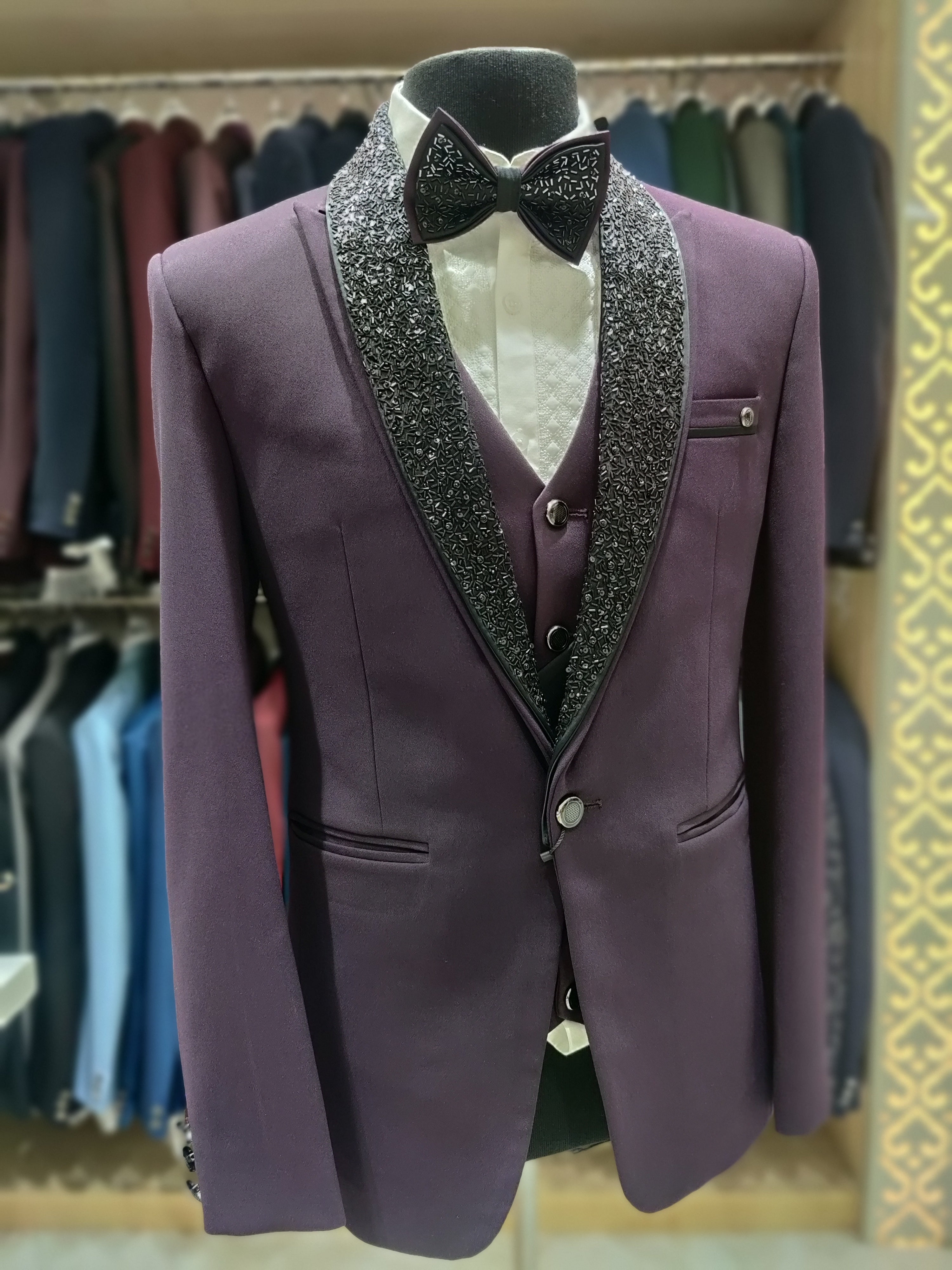 Regal Wine Wedding Suit with Black Accents & Stone Work