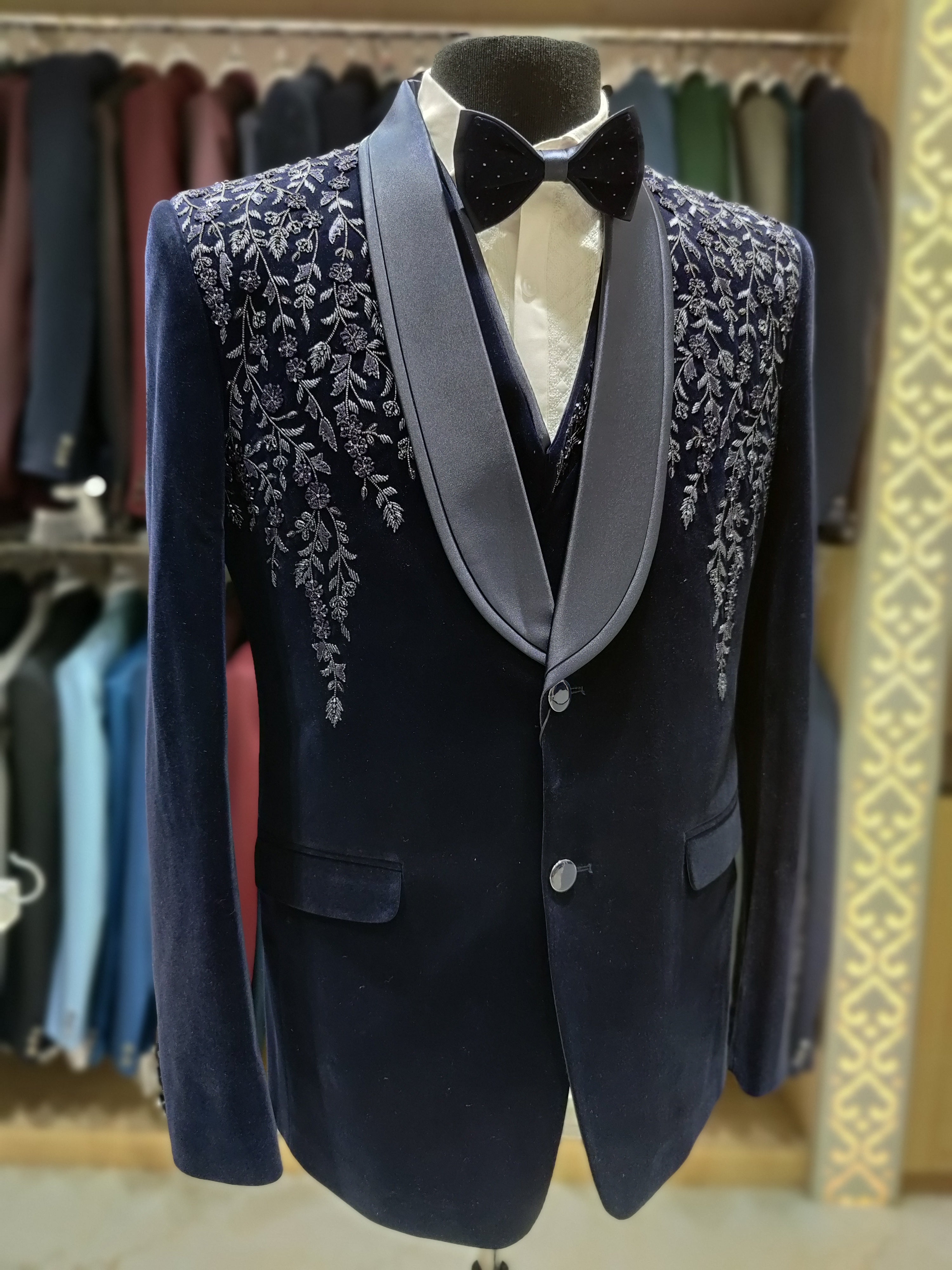 Blue Wedding Suit with Flowing Stone Work