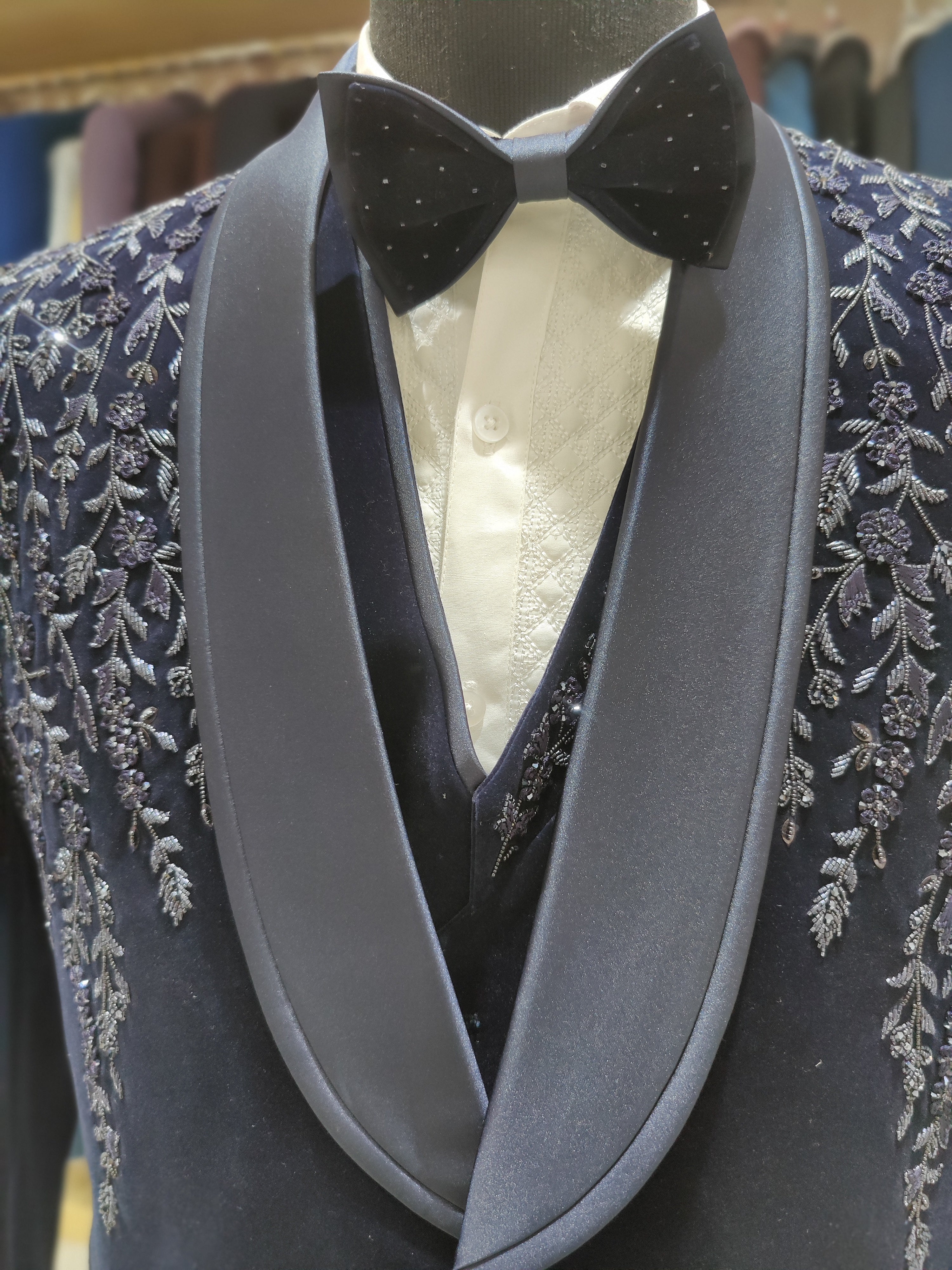 Blue Wedding Suit with Flowing Stone Work