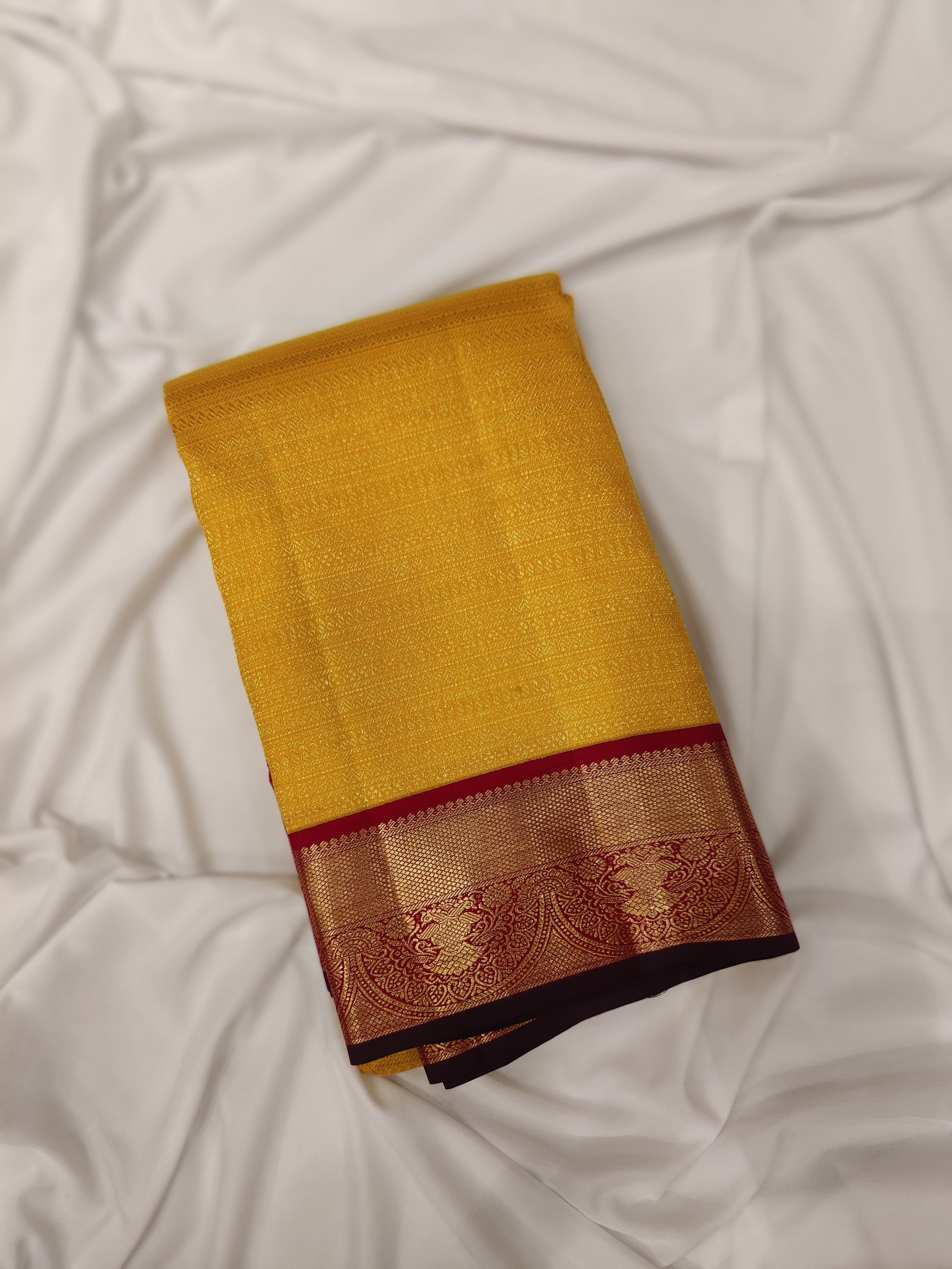 Yellow Brocade Kanjivaram Silk Saree with Red Zari Border – Pure Handloom Bridal Saree Online - New Sudarshan Silks`