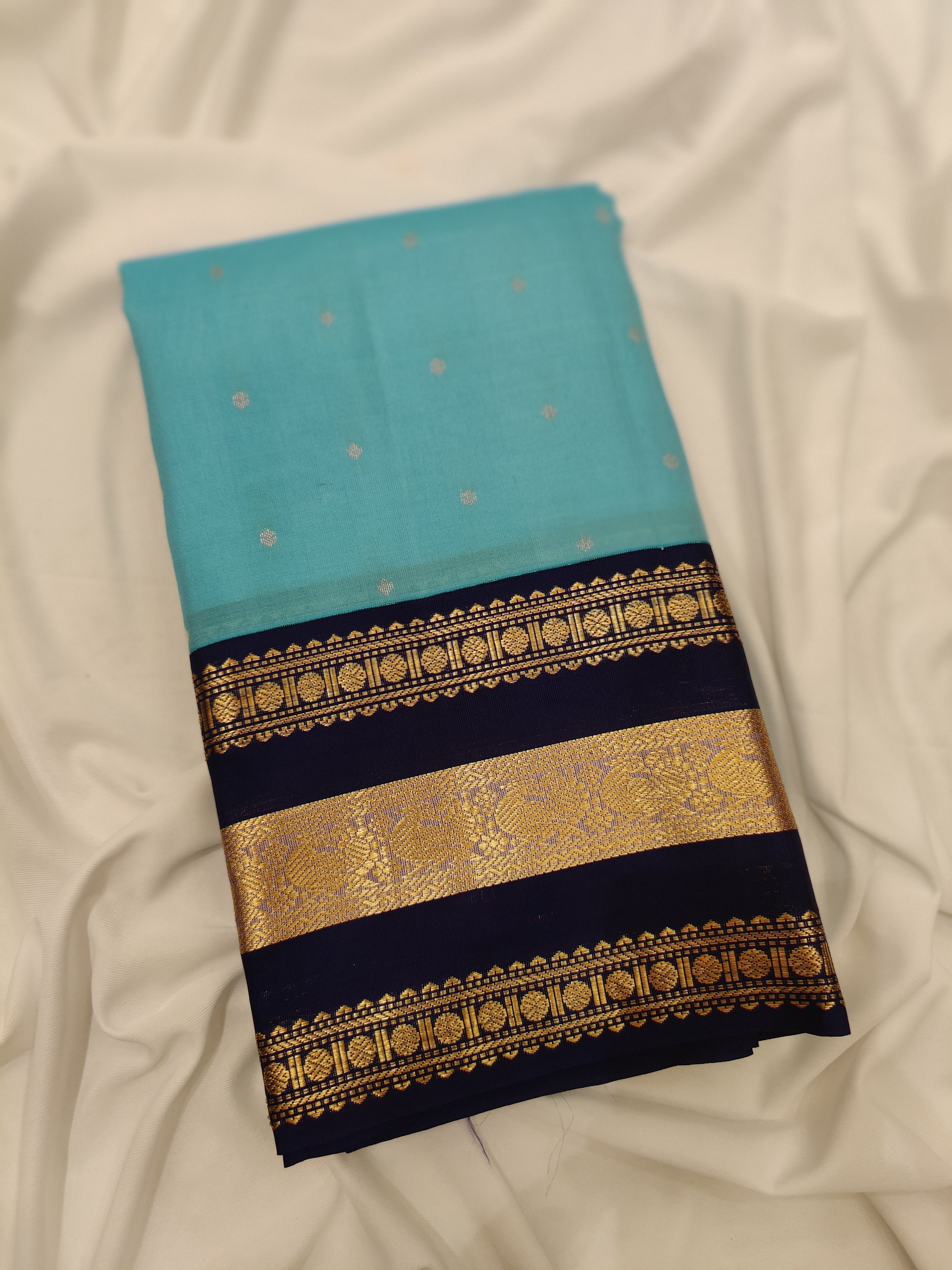 Sky Blue Kanjivaram Silk Saree with Navy Blue Zari Border – Pure Handloom Bridal Saree Online