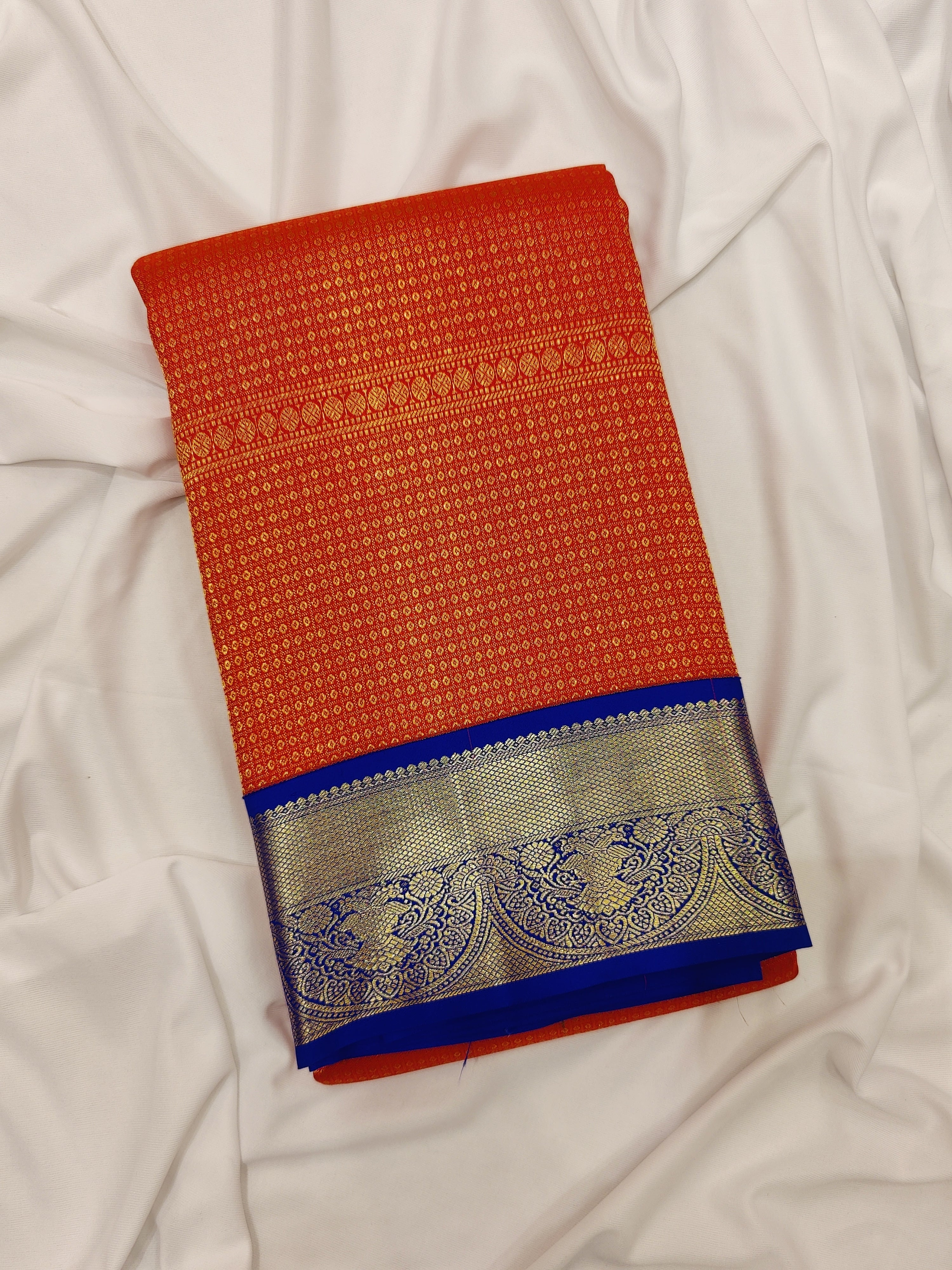 Orange Brocade Kanjivaram Silk Saree with Blue Zari Border – Pure Handloom Bridal Saree Online