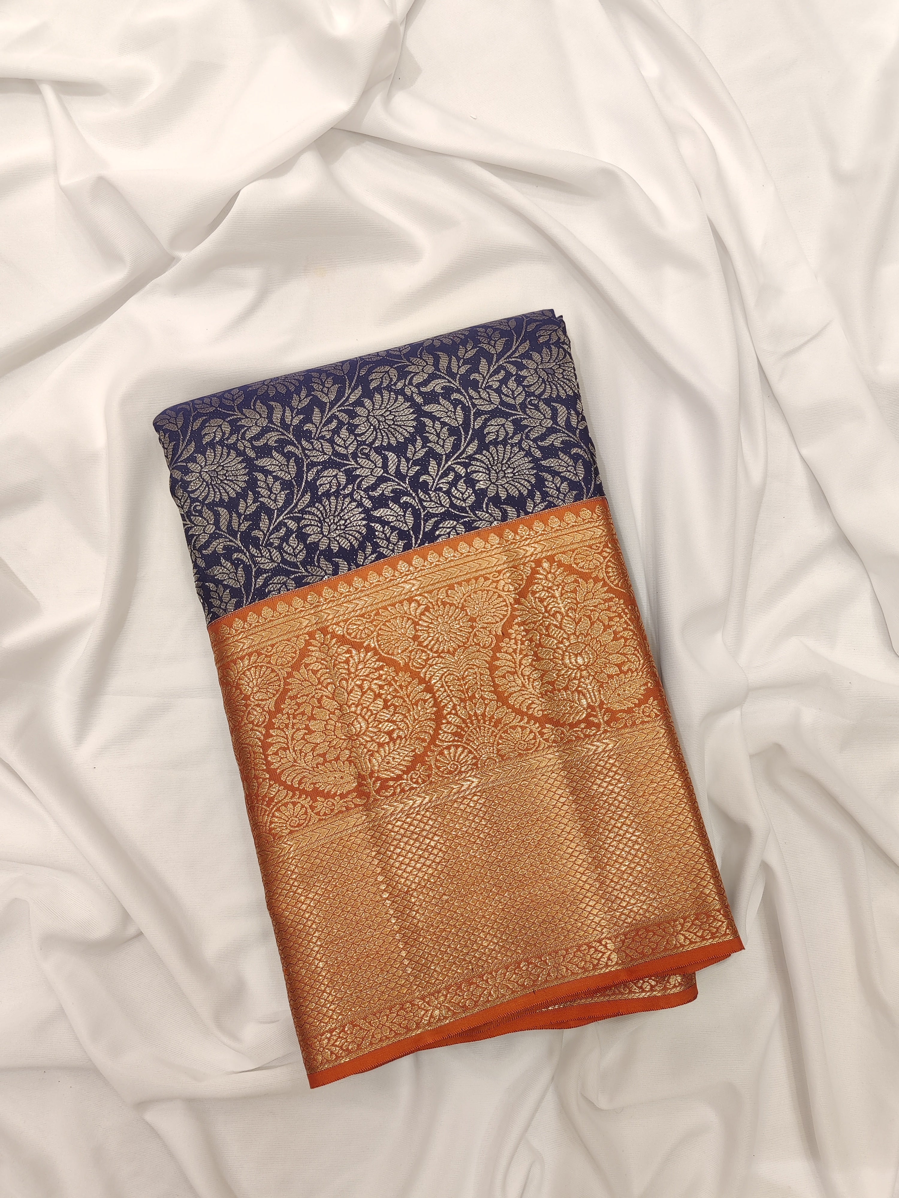 Navy Blue Kanjivaram Silk Saree with Dark Peach Zari Border – Elegant Handloom Wedding Saree Online - New Sudarshan Silks`